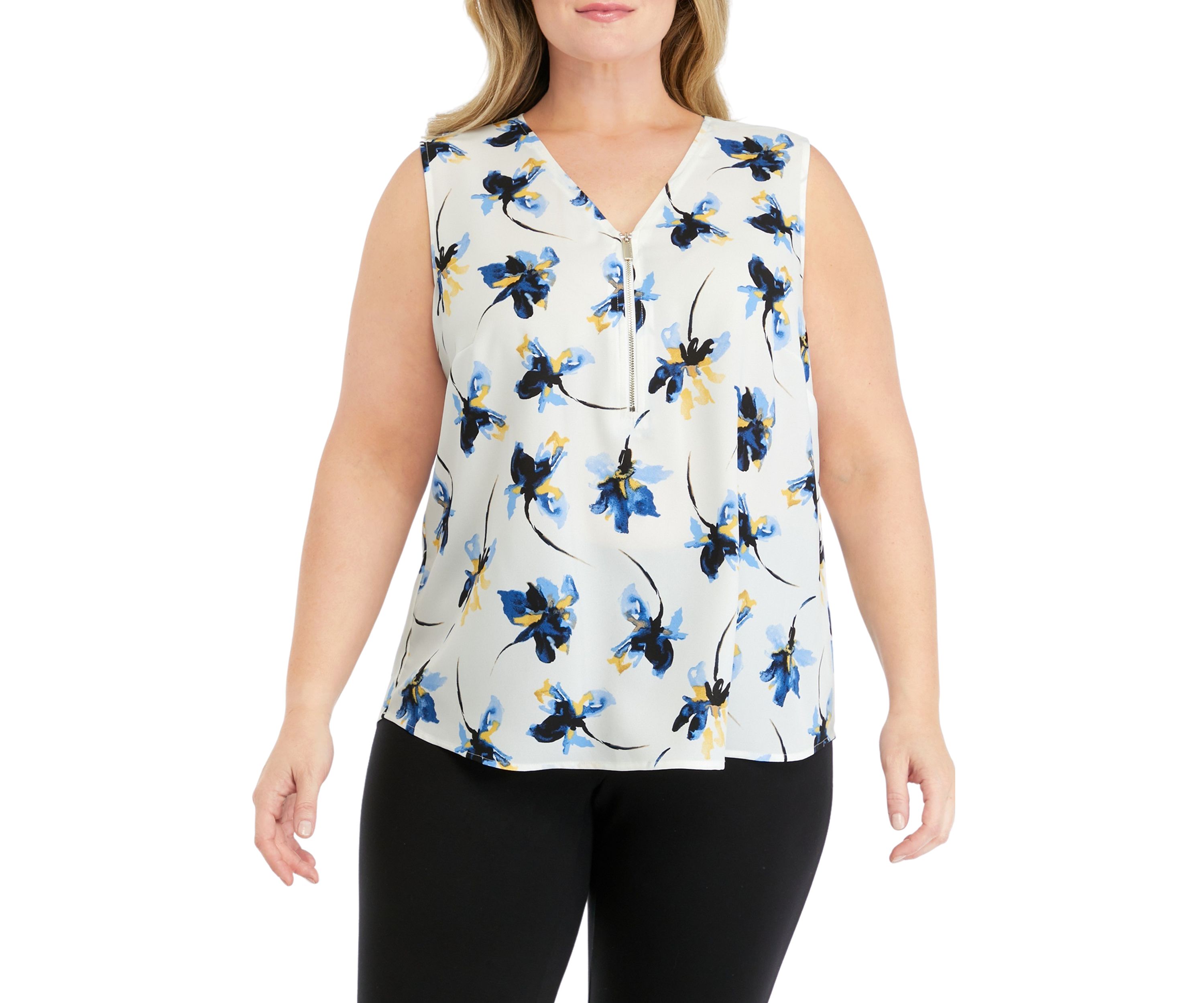 Plus Size Sleeveless V-Neck Half Zip Blouse