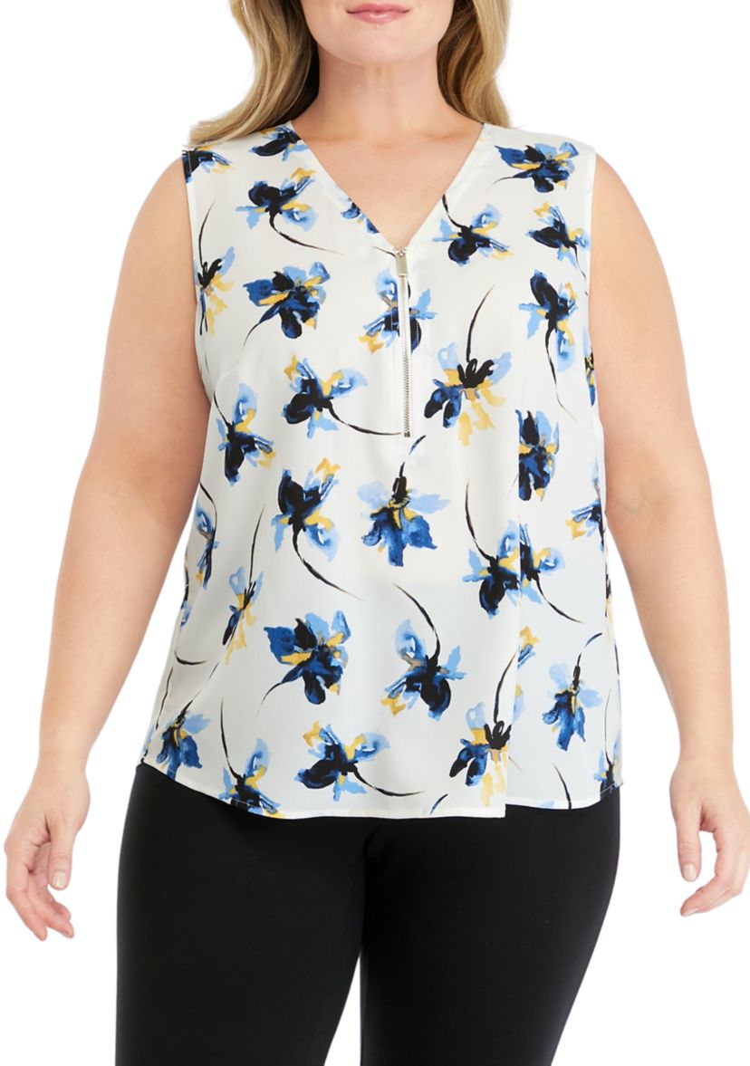 Plus Size Sleeveless V-Neck Half Zip Blouse