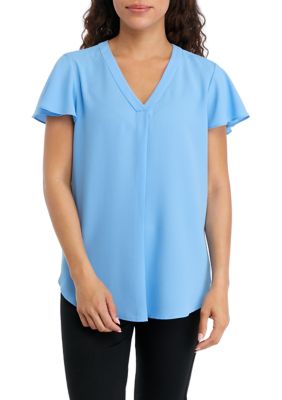 AK Anne Klein Women's Petite V-Neck Pleat Front Tunic with Short Flutter Sleeves