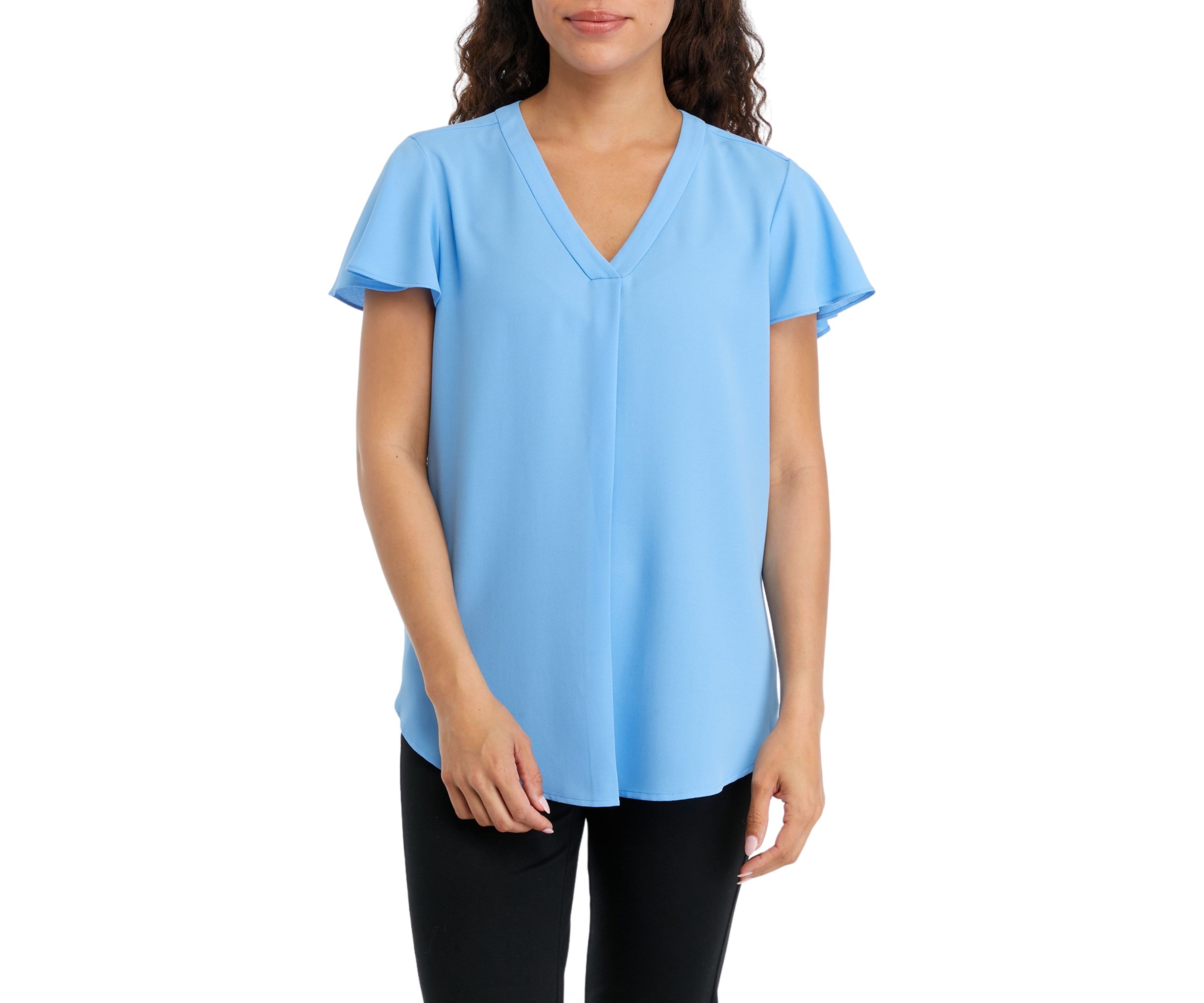 Petite V-Neck Pleat Front Tunic with Short Flutter Sleeves