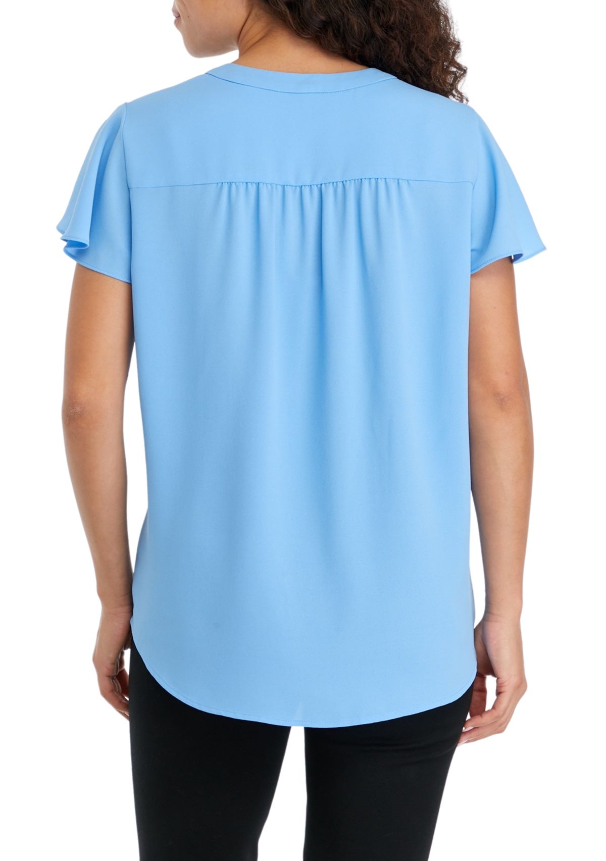 Petite V-Neck Pleat Front Tunic with Short Flutter Sleeves