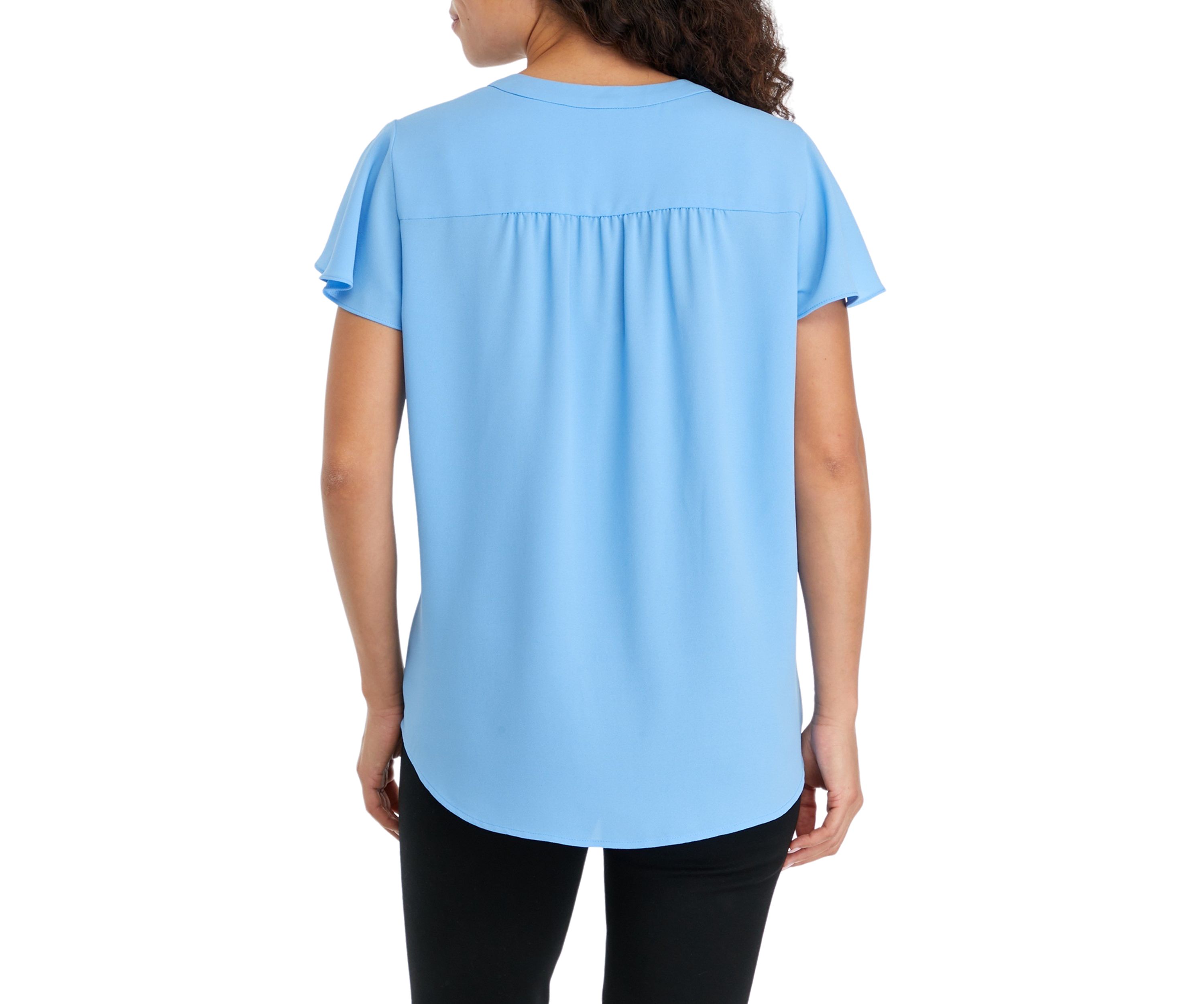 Petite V-Neck Pleat Front Tunic with Short Flutter Sleeves