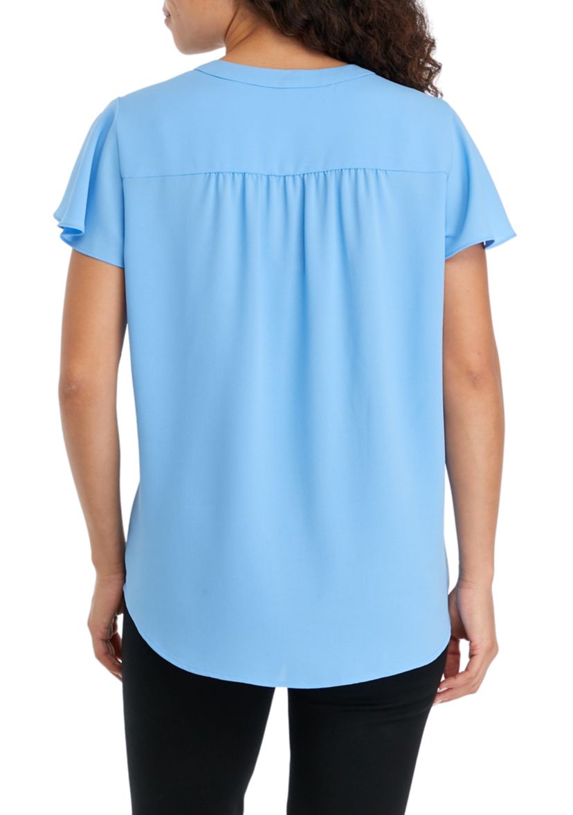 Petite V-Neck Pleat Front Tunic with Short Flutter Sleeves