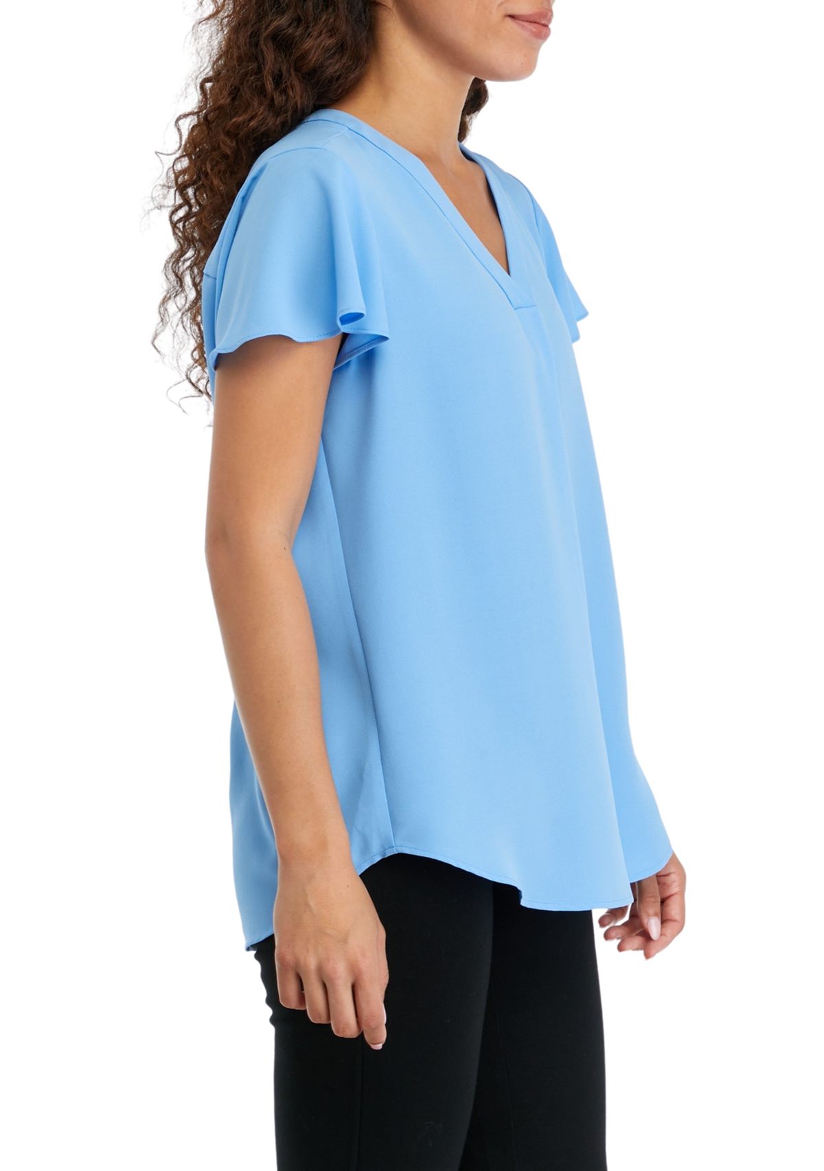 Petite V-Neck Pleat Front Tunic with Short Flutter Sleeves