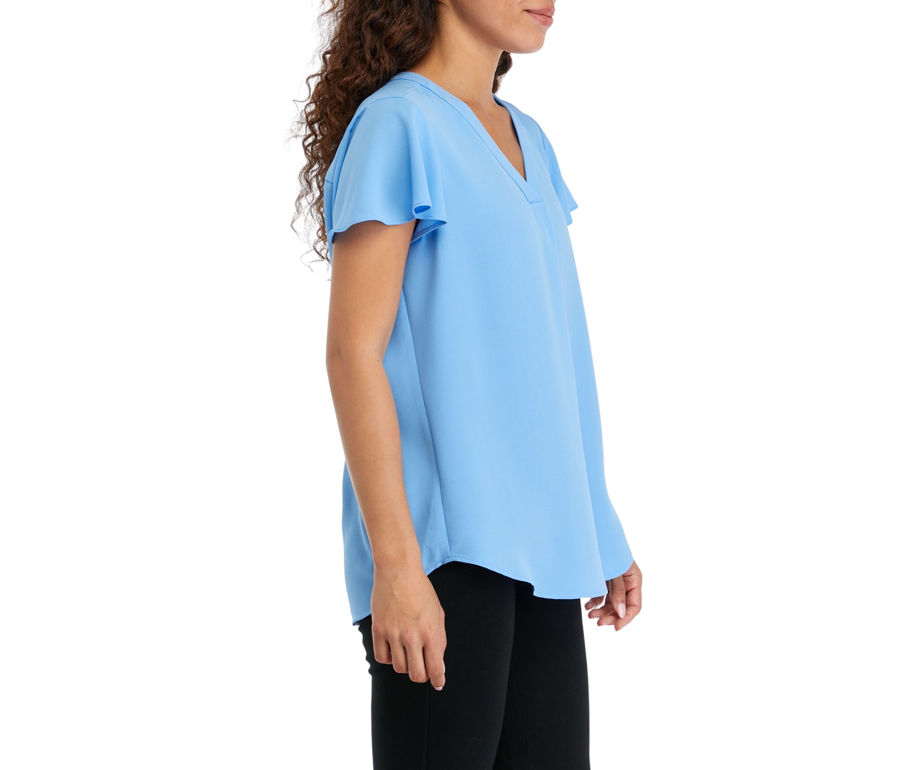 Petite V-Neck Pleat Front Tunic with Short Flutter Sleeves
