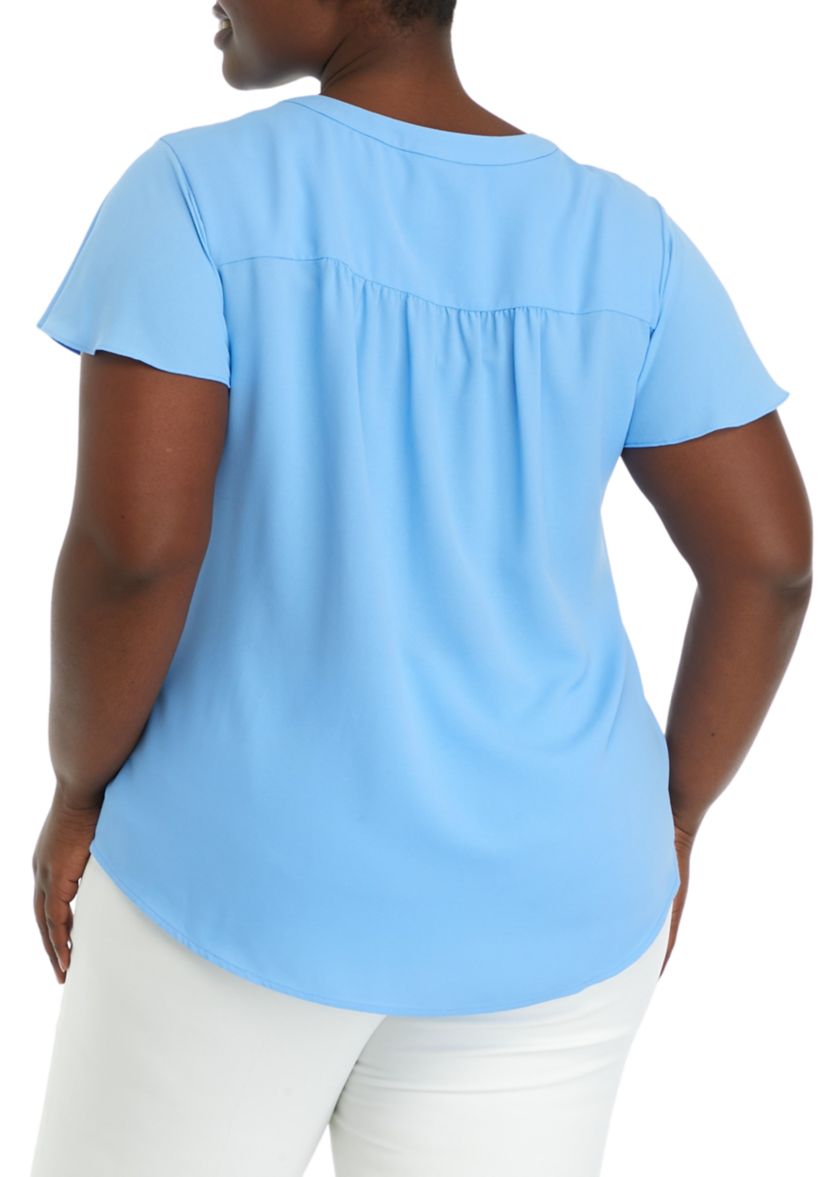 Plus Size V-Neck Pleat Front Top