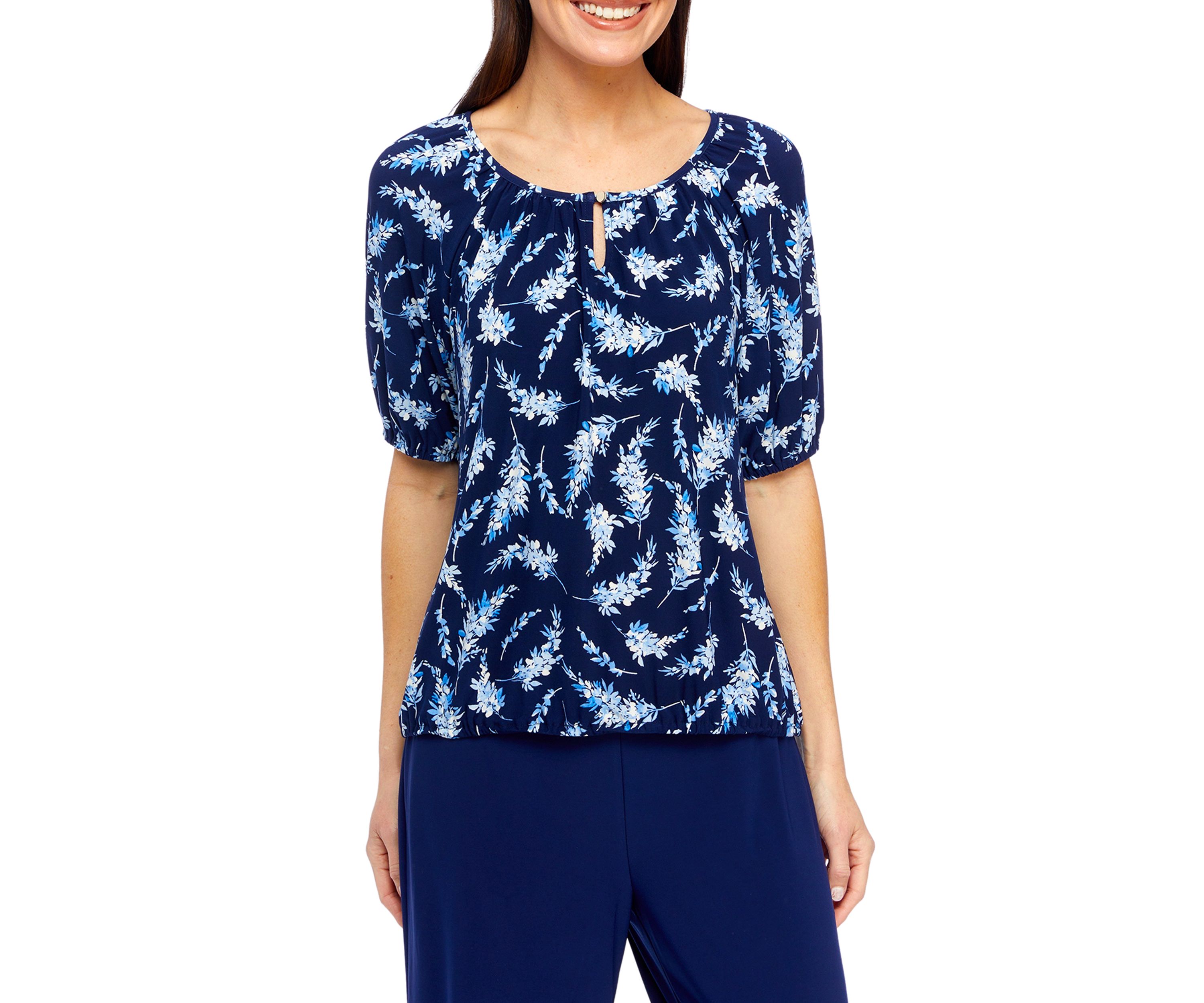 Petite Printed Elbow Sleeve Keyhole Peasant Top