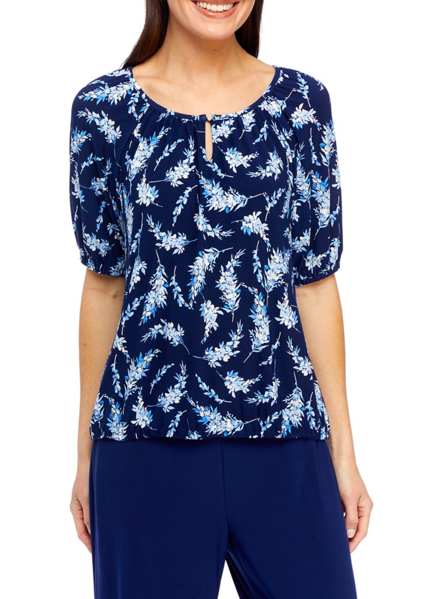 Petite Printed Elbow Sleeve Keyhole Peasant Top