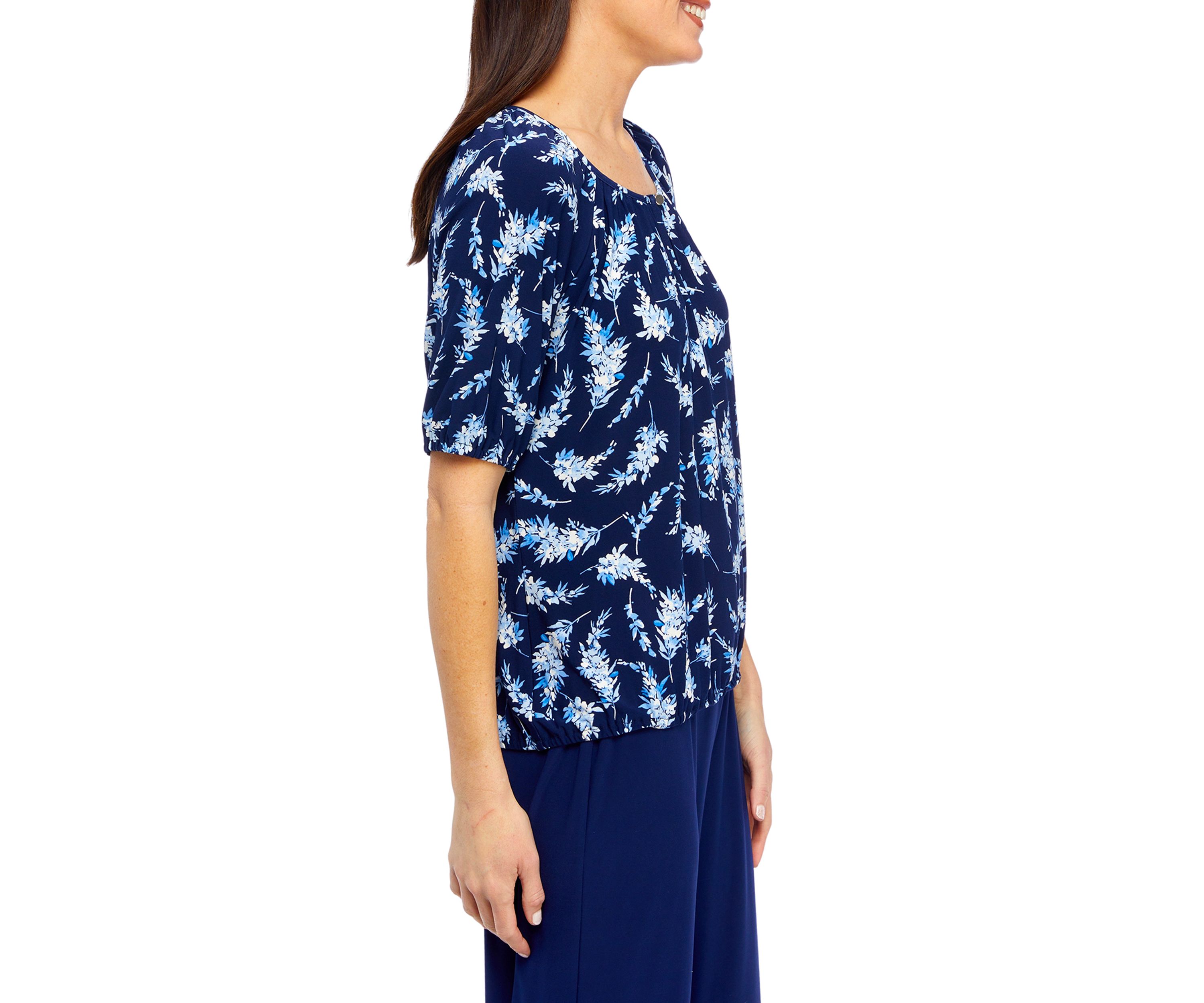 Petite Printed Elbow Sleeve Keyhole Peasant Top