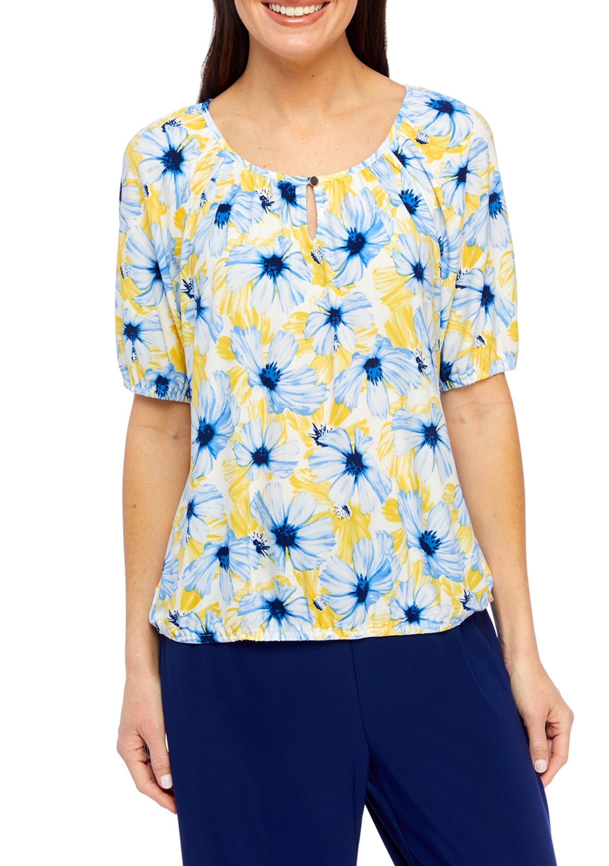 Petite Printed Elbow Sleeve Keyhole Peasant Top