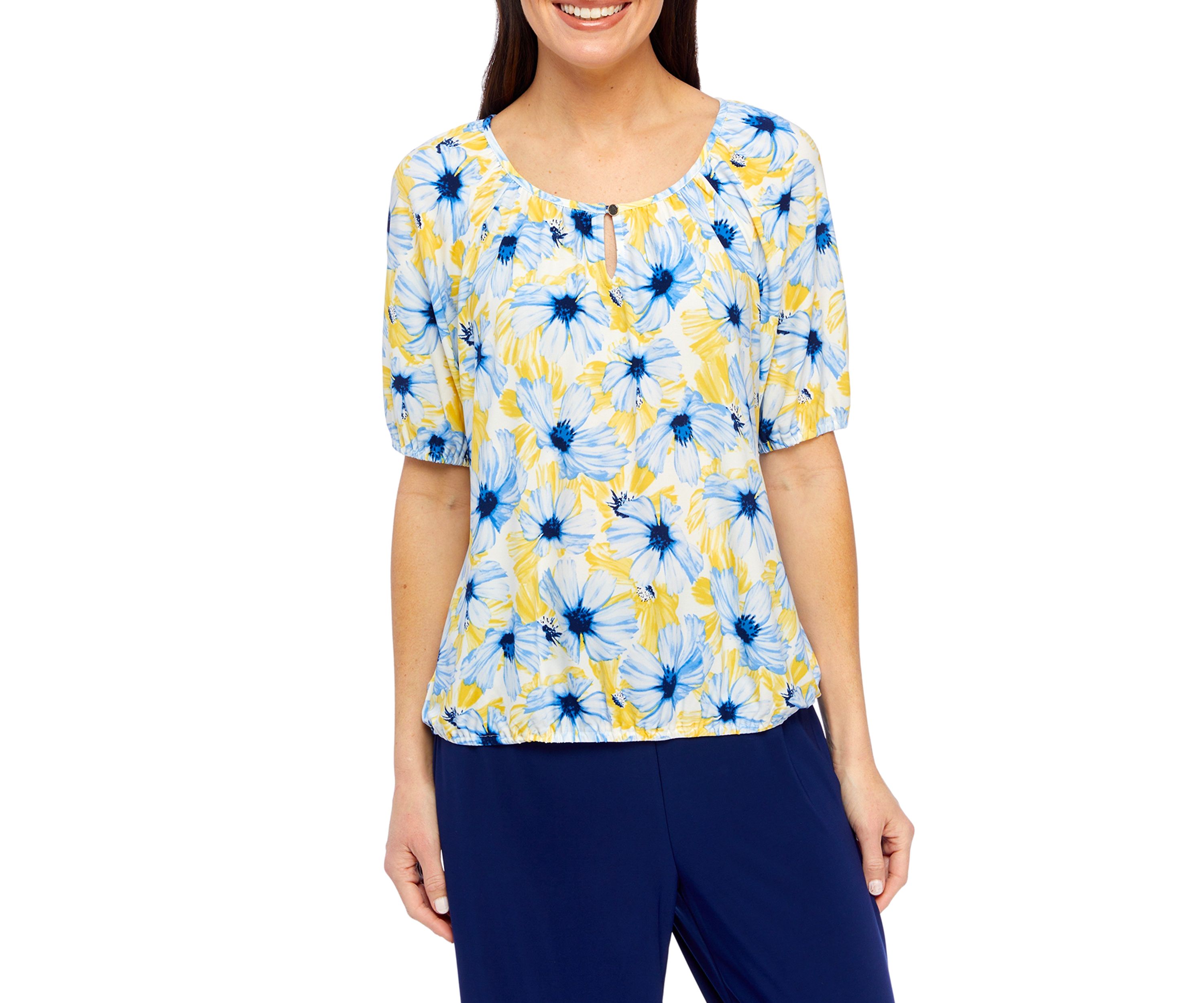 Petite Printed Elbow Sleeve Keyhole Peasant Top