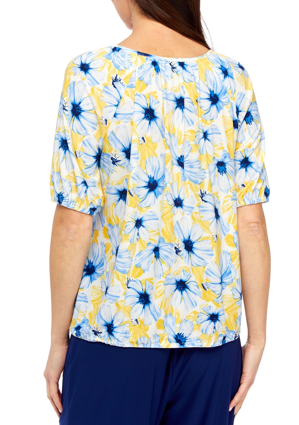 Petite Printed Elbow Sleeve Keyhole Peasant Top