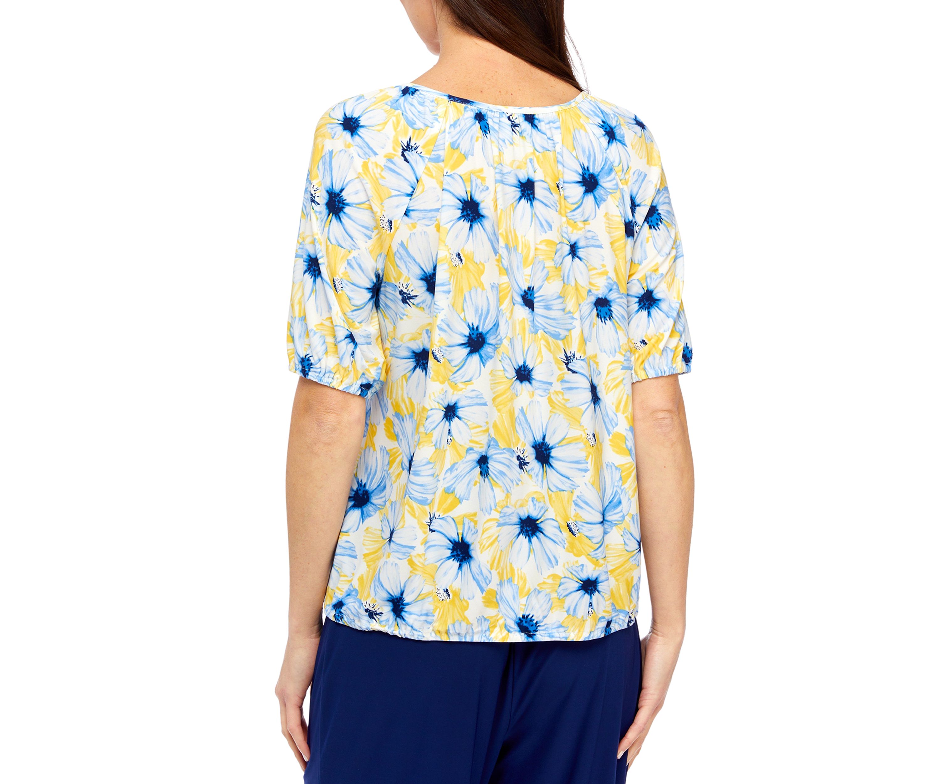 Petite Printed Elbow Sleeve Keyhole Peasant Top