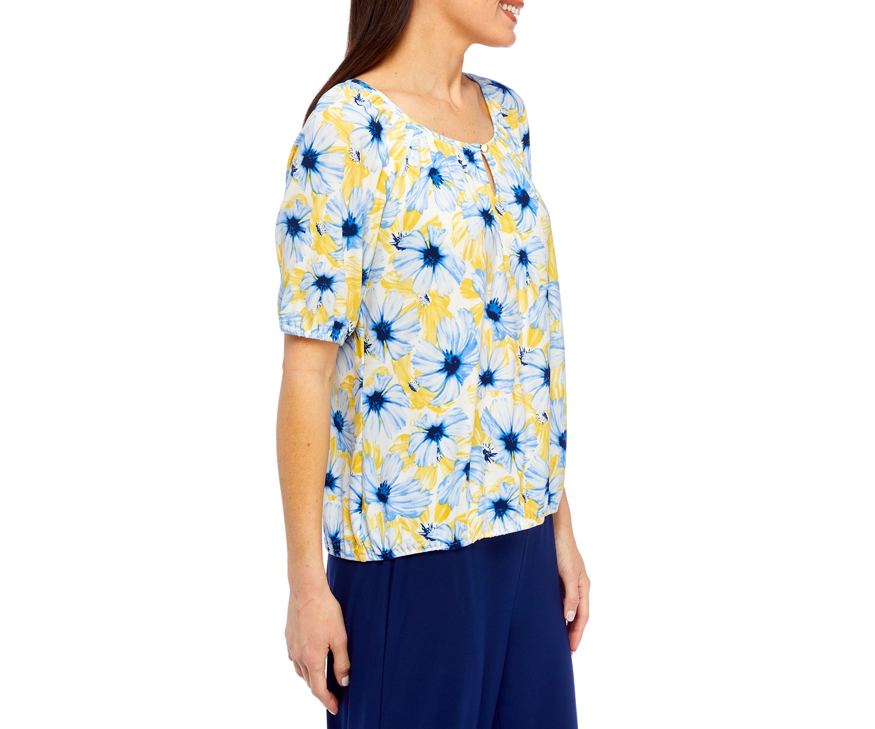Petite Printed Elbow Sleeve Keyhole Peasant Top