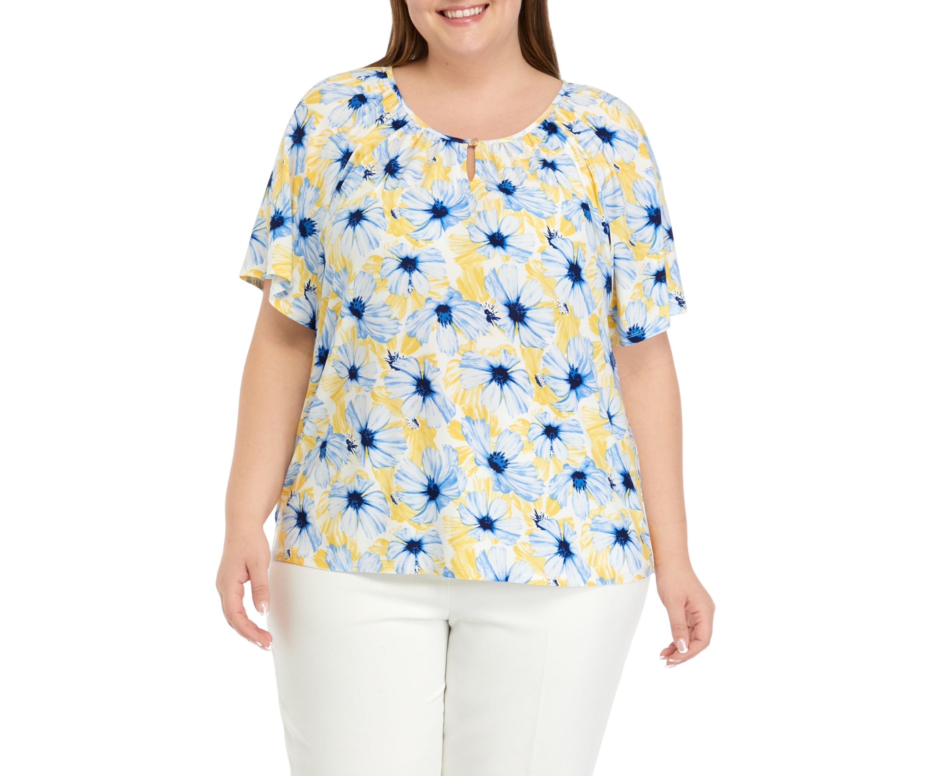 Plus Size Printed Peasant Top with Keyhole