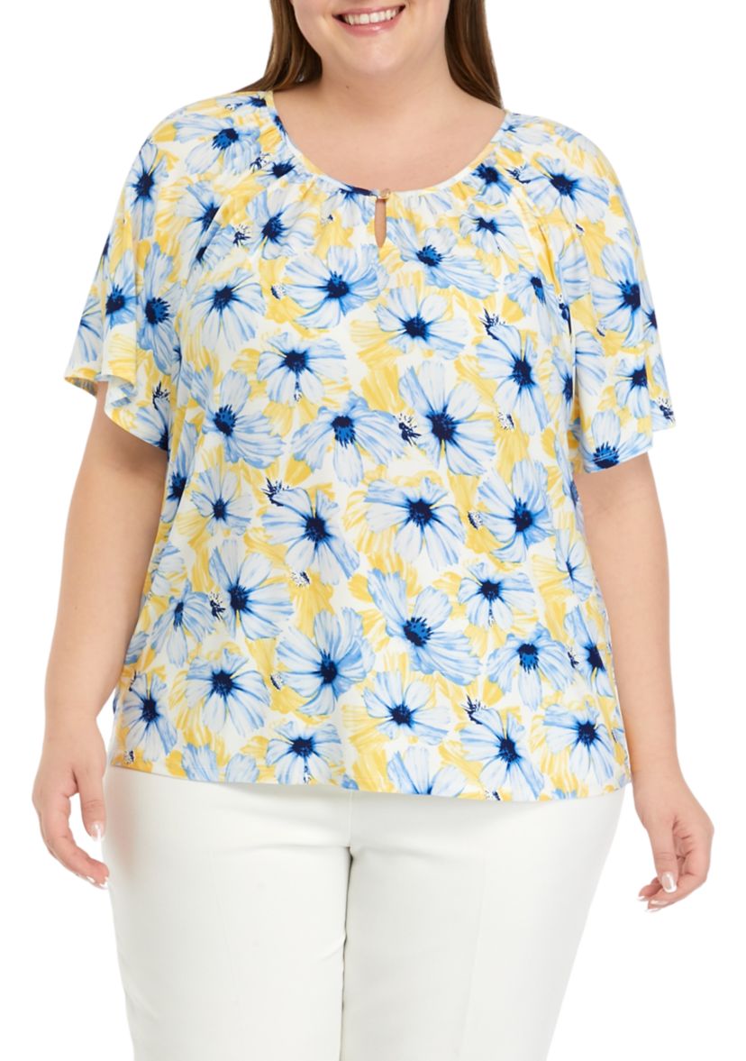 Plus Size Printed Peasant Top with Keyhole
