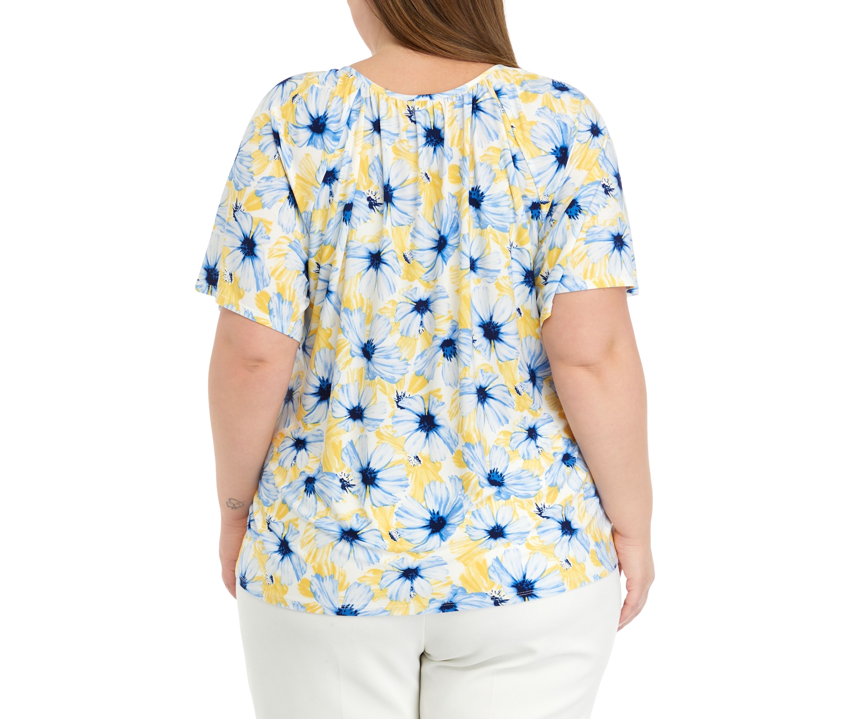 Plus Size Printed Peasant Top with Keyhole