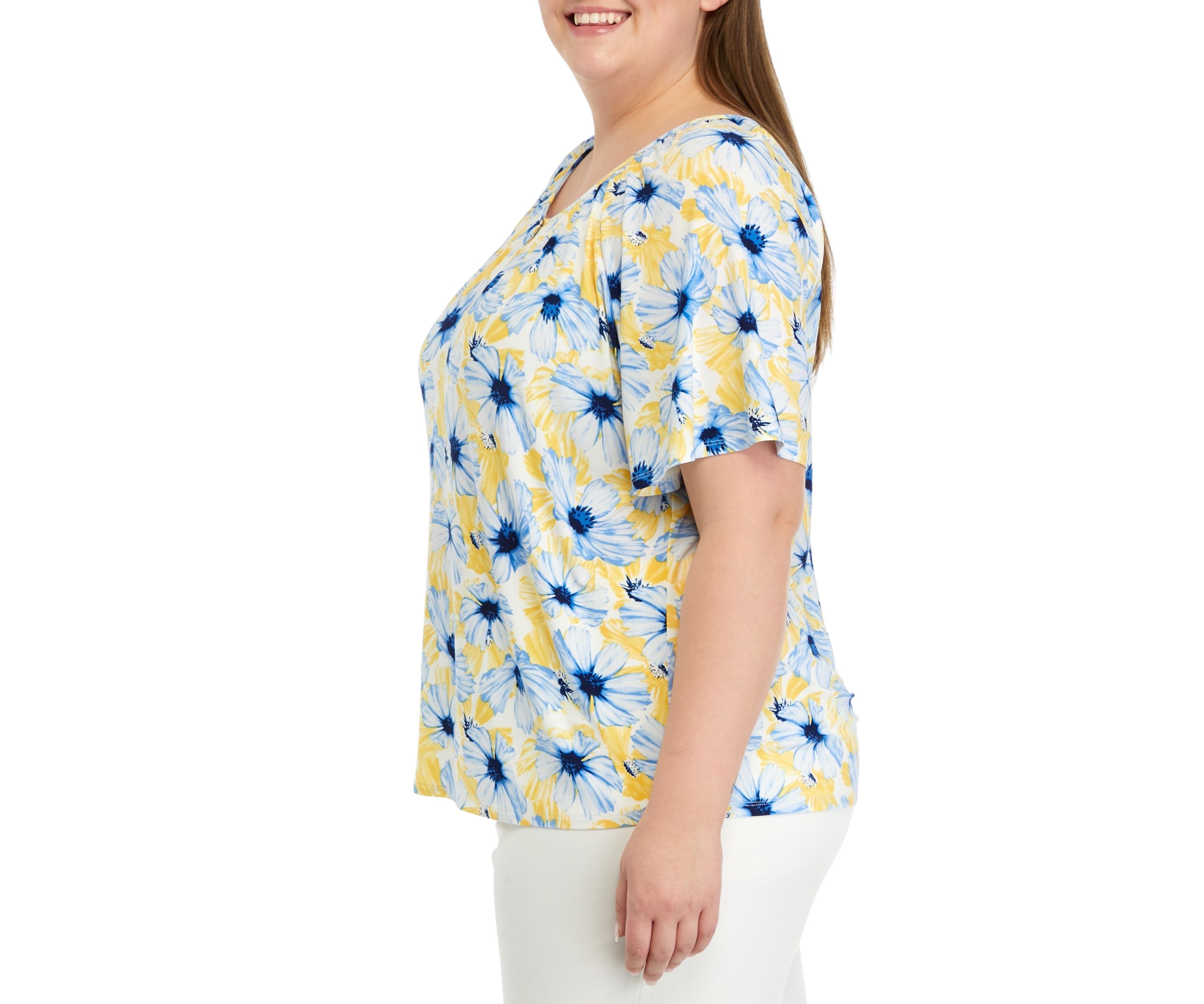 Plus Size Printed Peasant Top with Keyhole