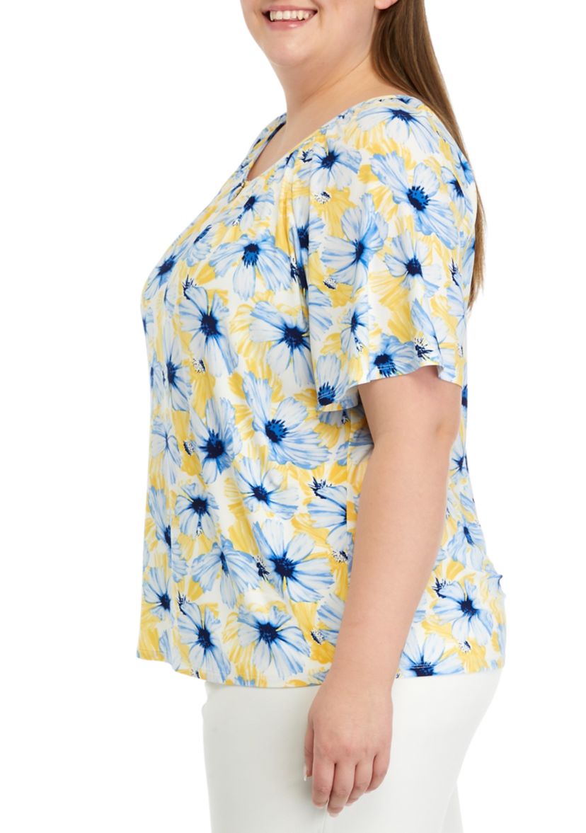Plus Size Printed Peasant Top with Keyhole