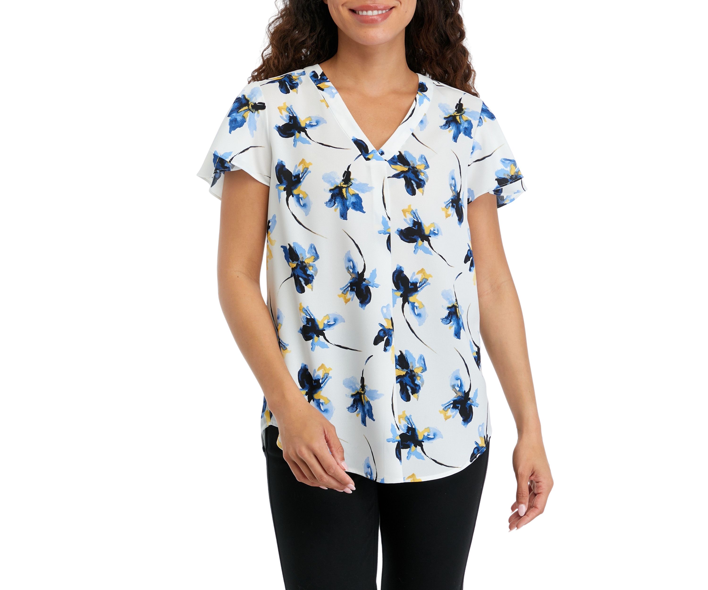 Petite V-Neck Pleat Front Tunic with Short Flutter Sleeves