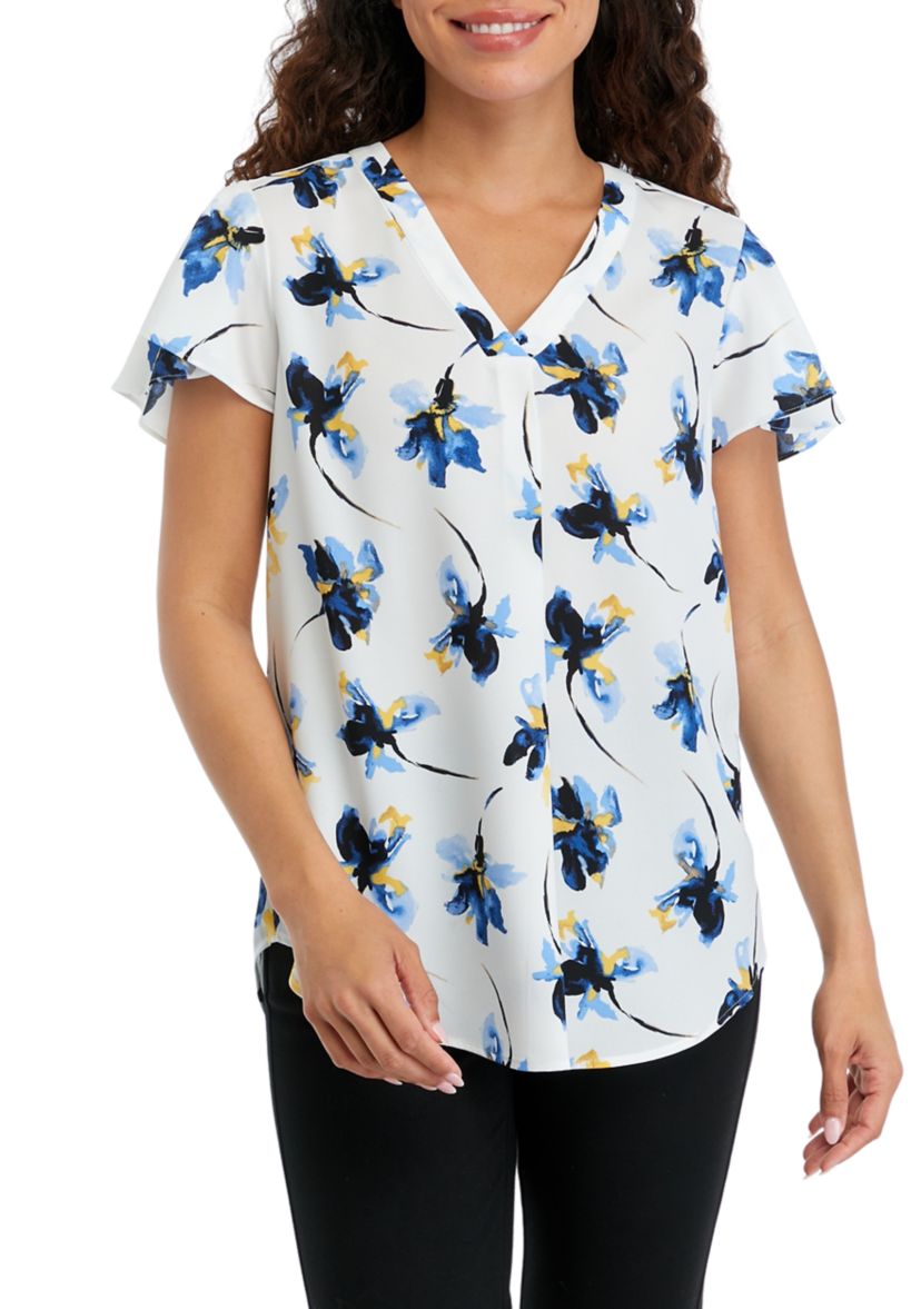 Petite V-Neck Pleat Front Tunic with Short Flutter Sleeves