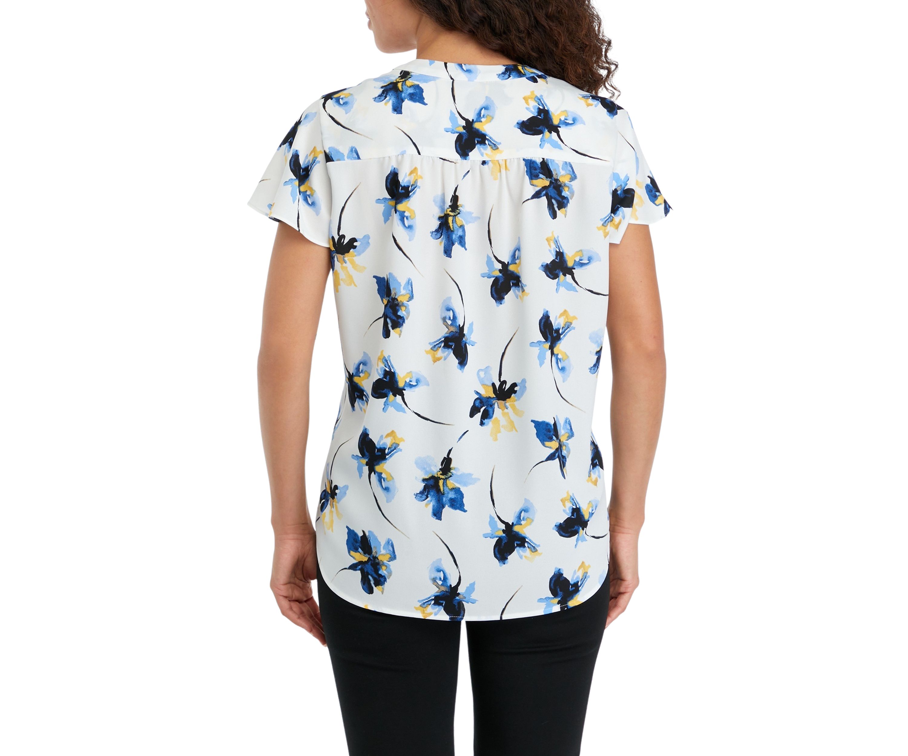 Petite V-Neck Pleat Front Tunic with Short Flutter Sleeves