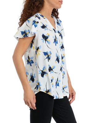 Petite V-Neck Pleat Front Tunic with Short Flutter Sleeves