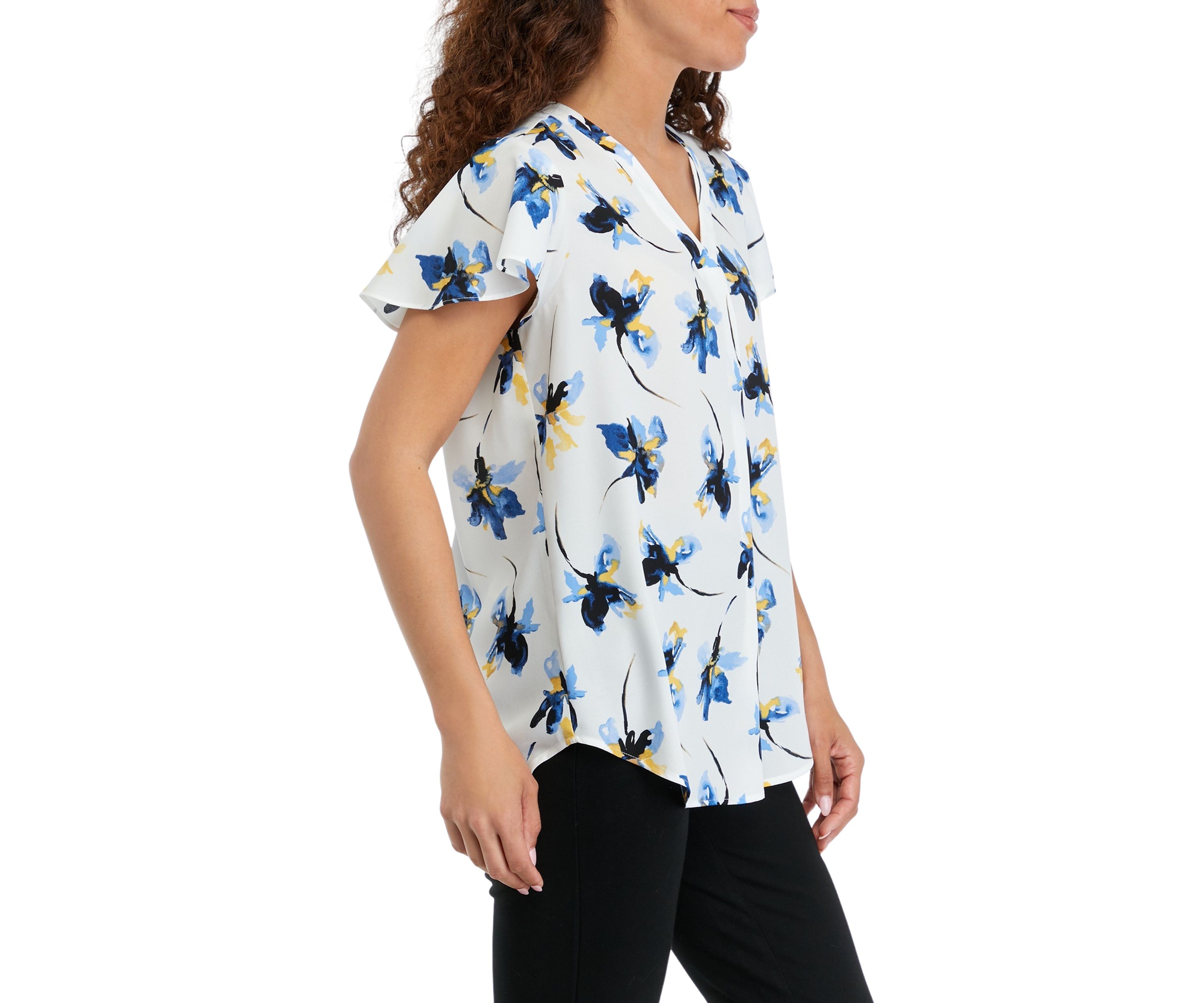 Petite V-Neck Pleat Front Tunic with Short Flutter Sleeves