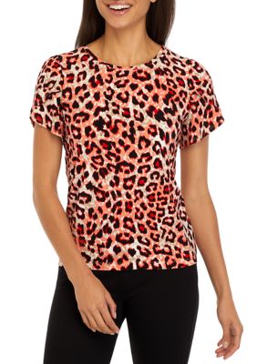AK Anne Klein Women's Petite Printed Short Gathered Tulip Sleeve Top