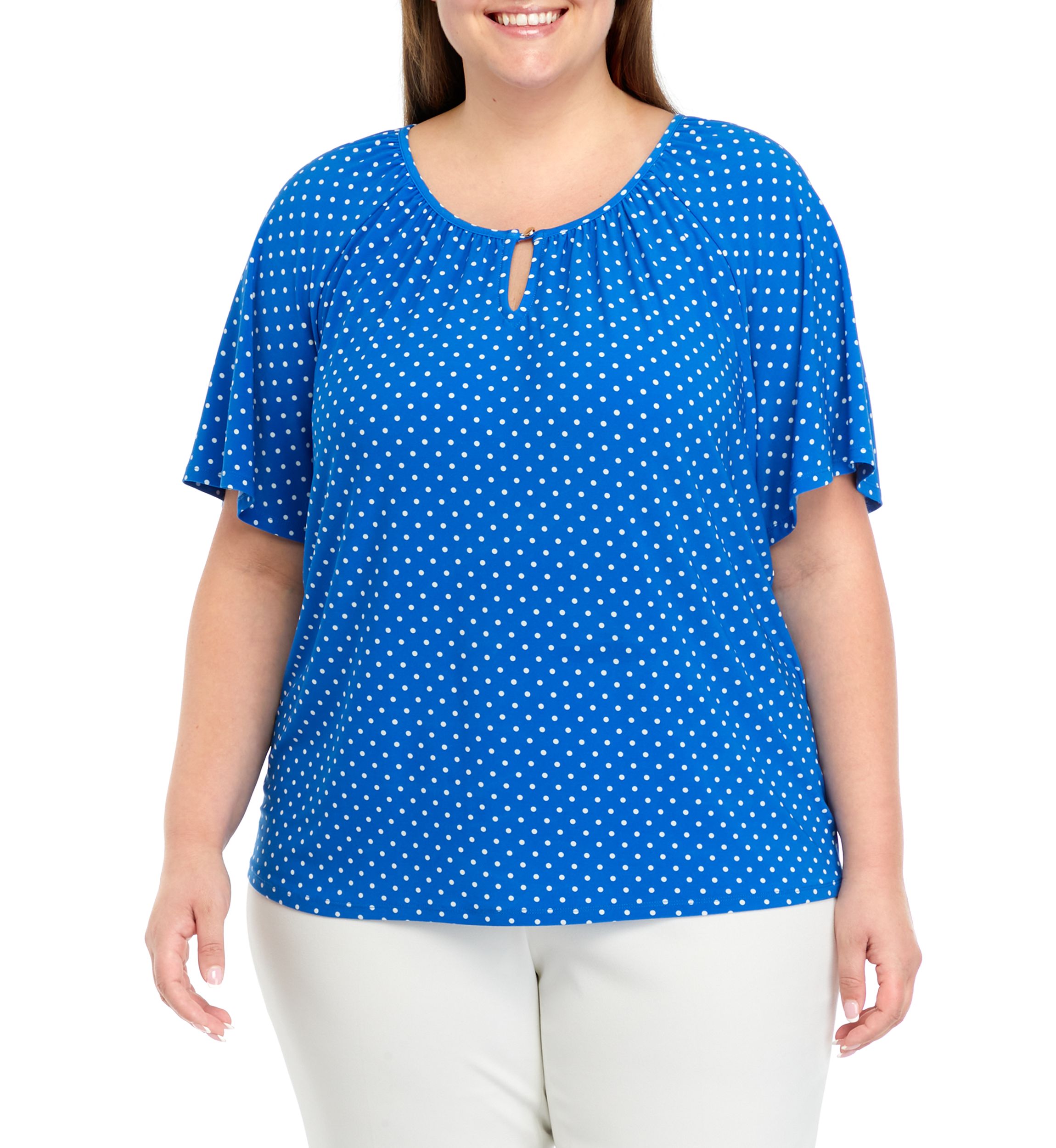 Plus Size Printed Keyhole Peasant Top