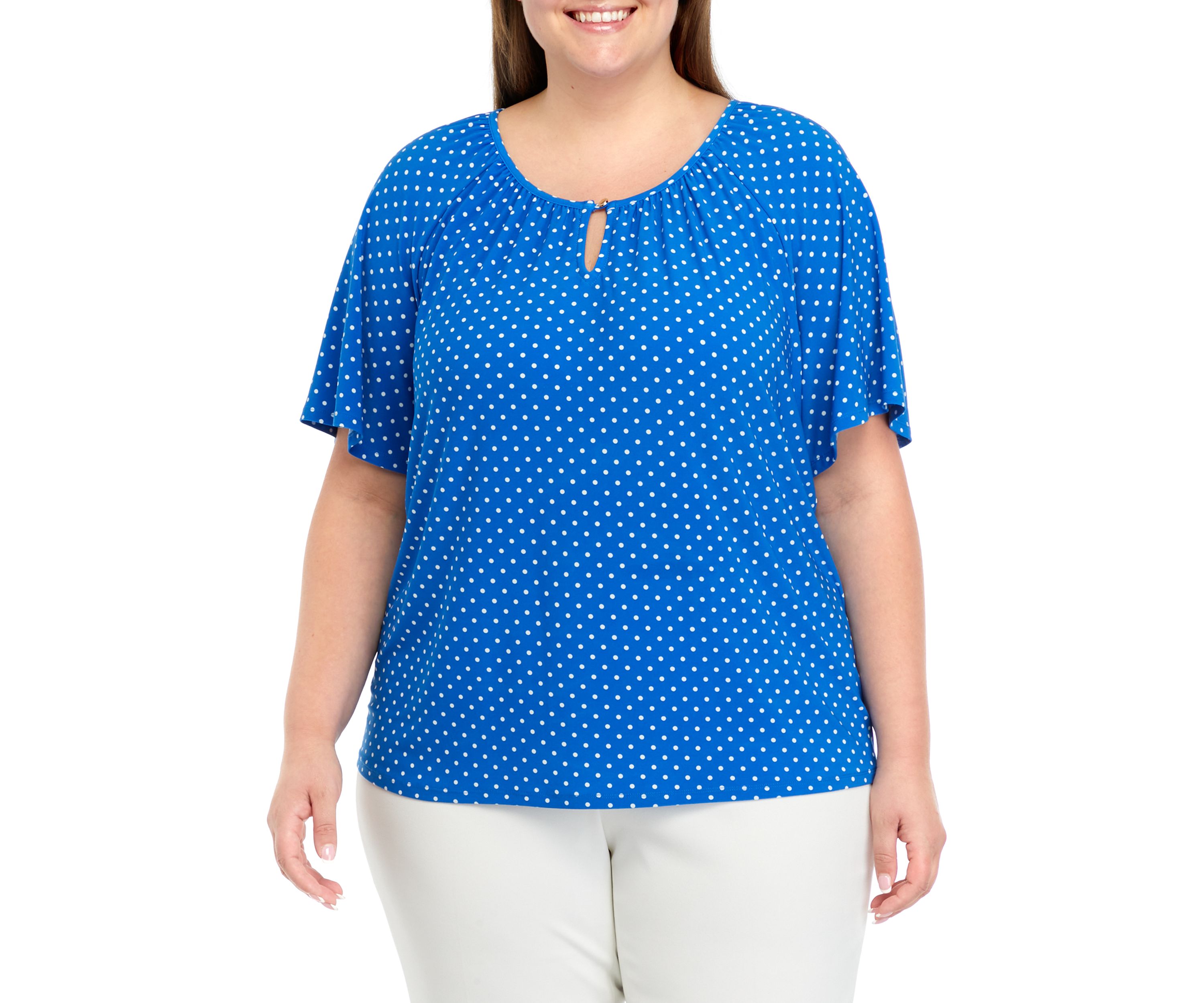 Plus Size Printed Keyhole Peasant Top