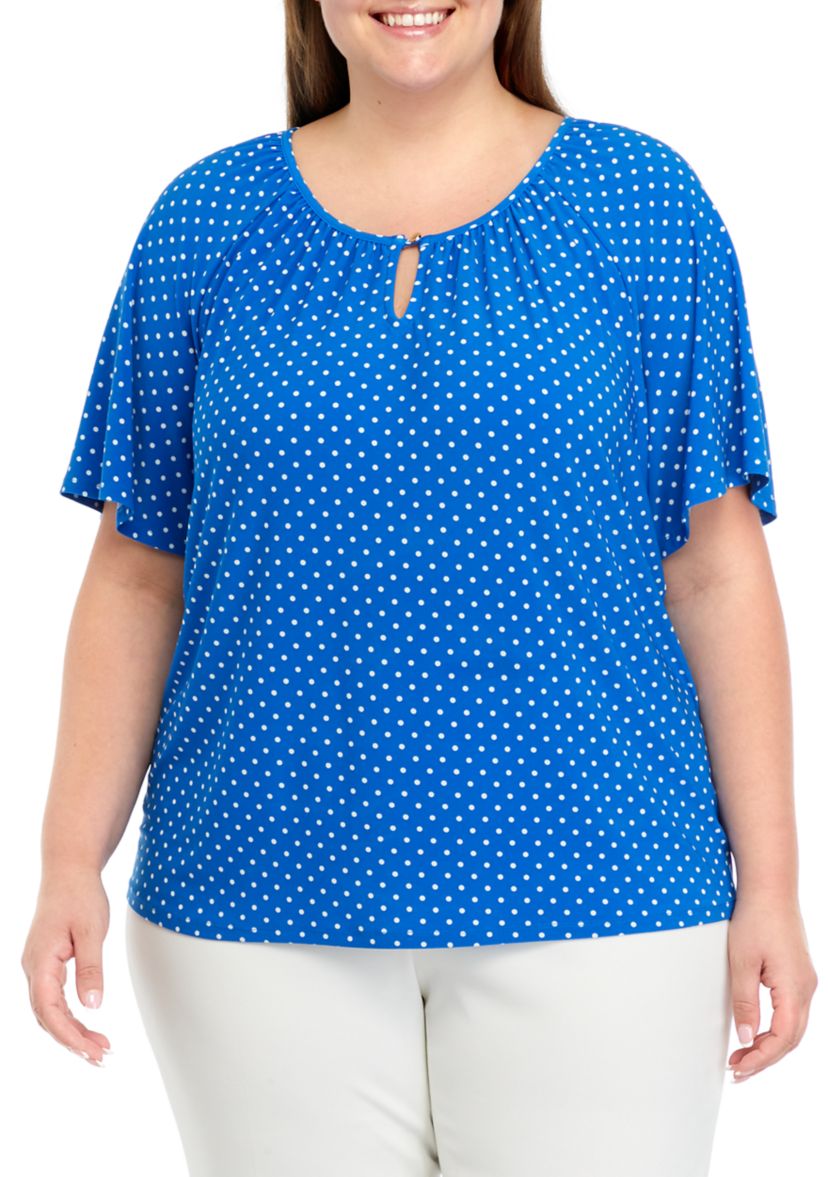 Plus Size Printed Keyhole Peasant Top