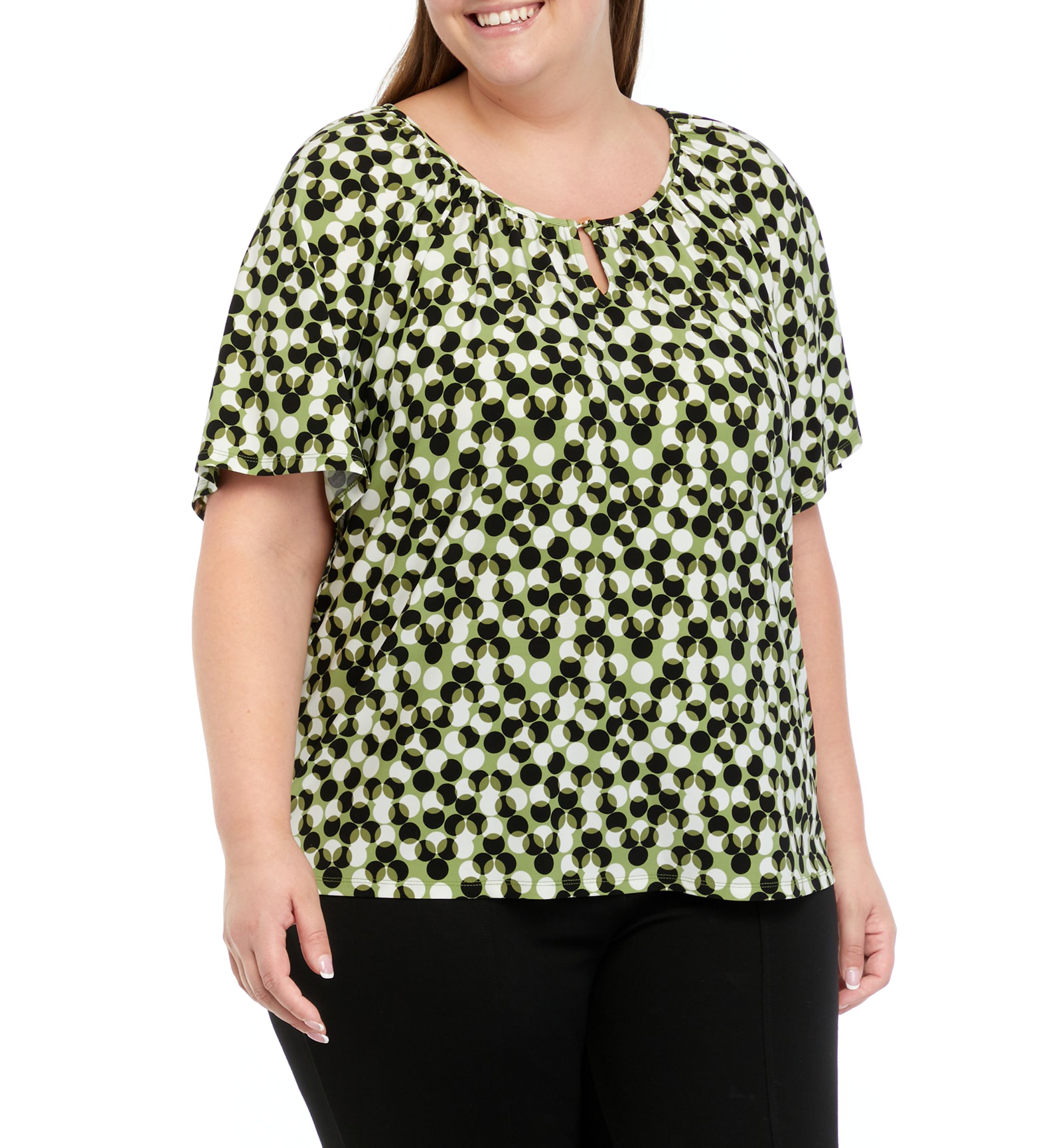 Plus Size Printed Keyhole Peasant Top