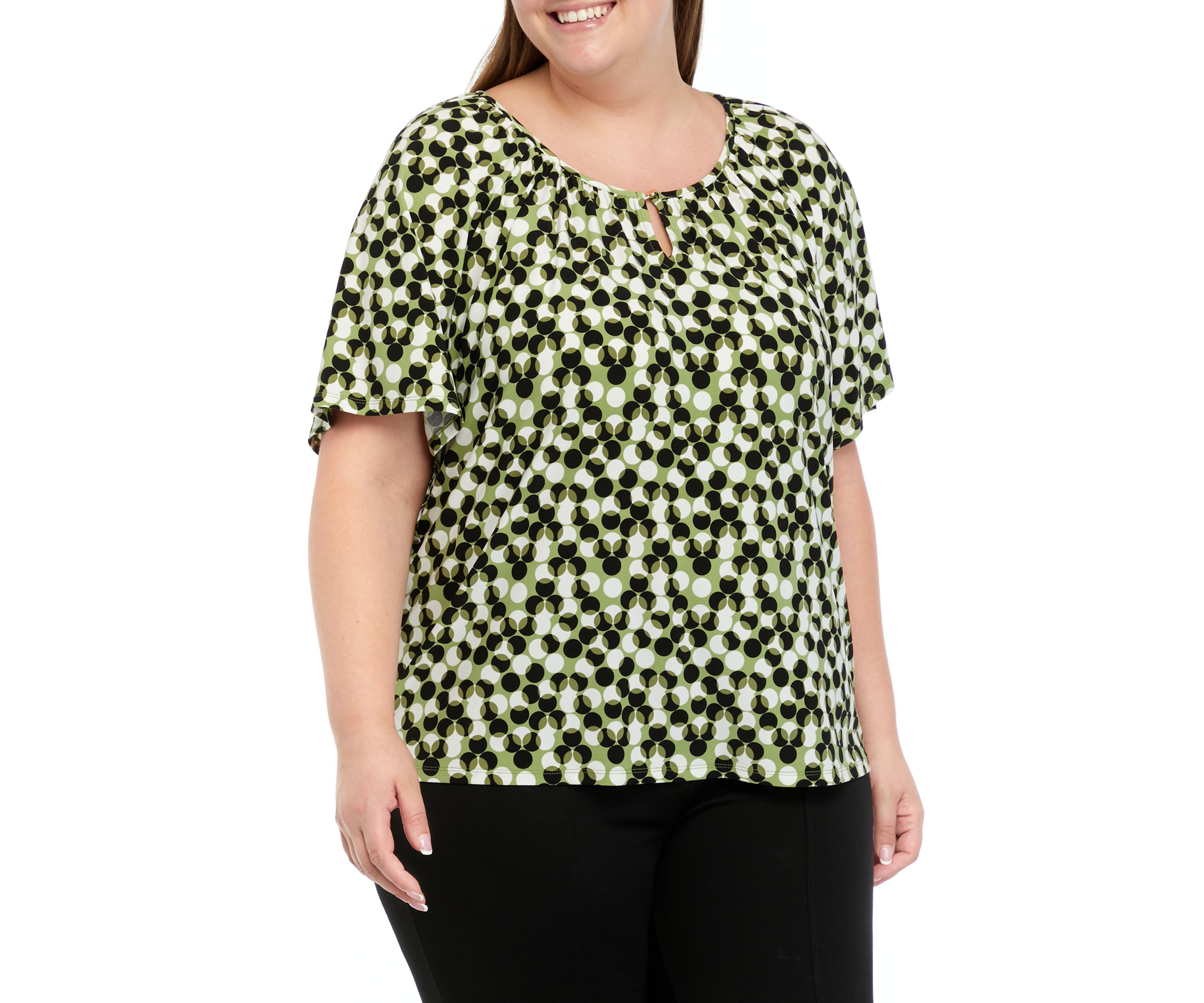 Plus Size Printed Keyhole Peasant Top