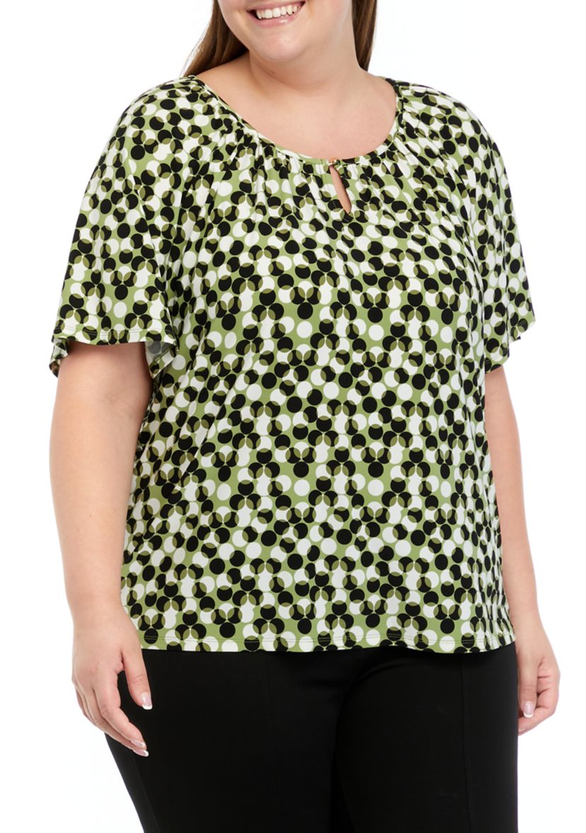 Plus Size Printed Keyhole Peasant Top
