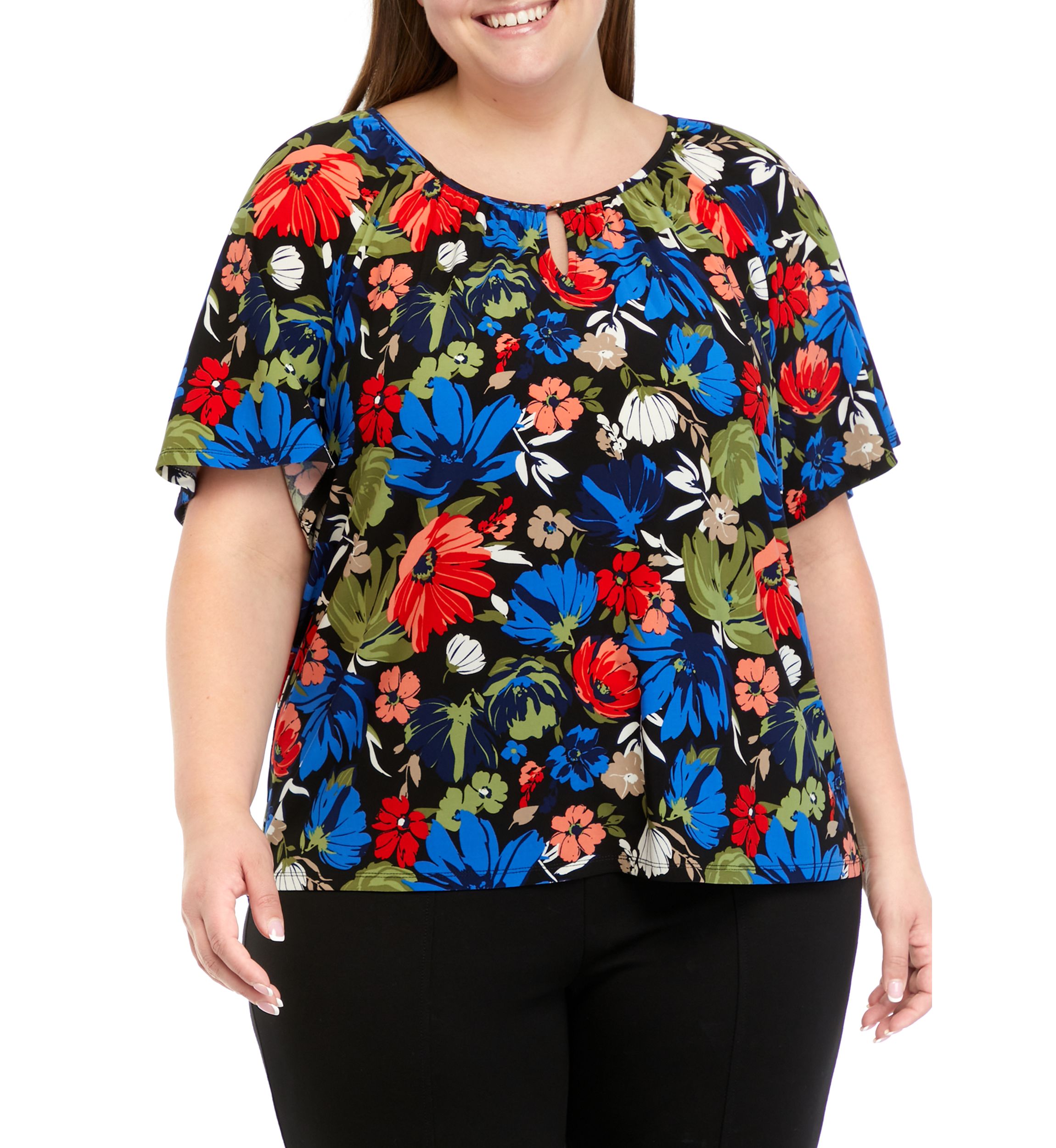 Plus Size Printed Keyhole Peasant Top