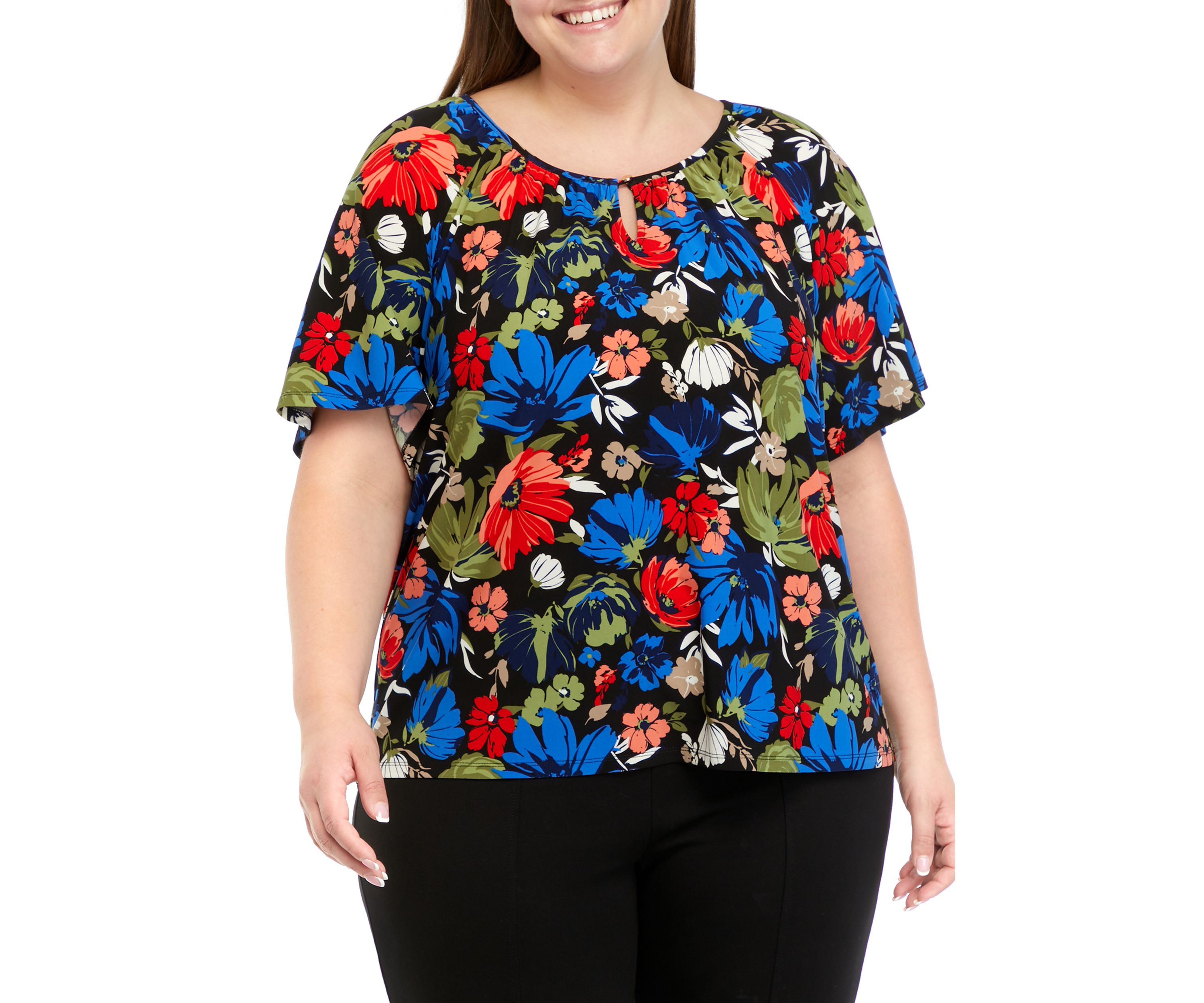 Plus Size Printed Keyhole Peasant Top