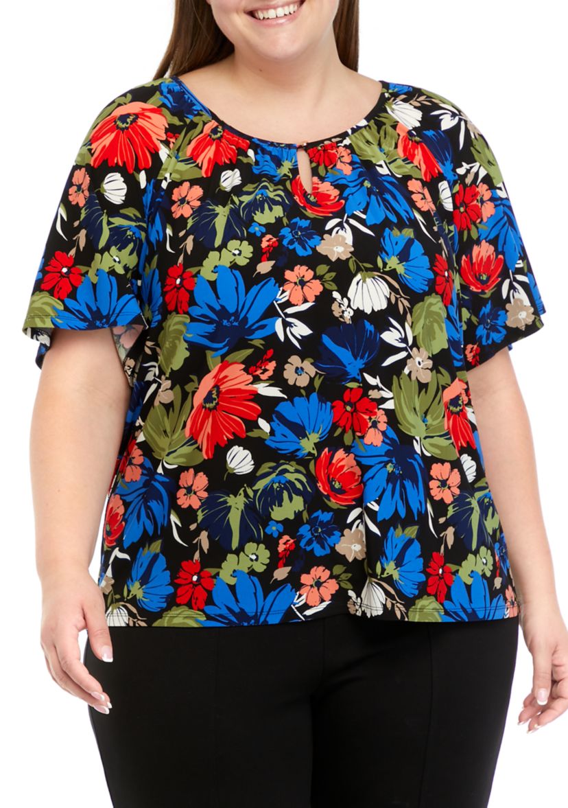 Plus Size Printed Keyhole Peasant Top
