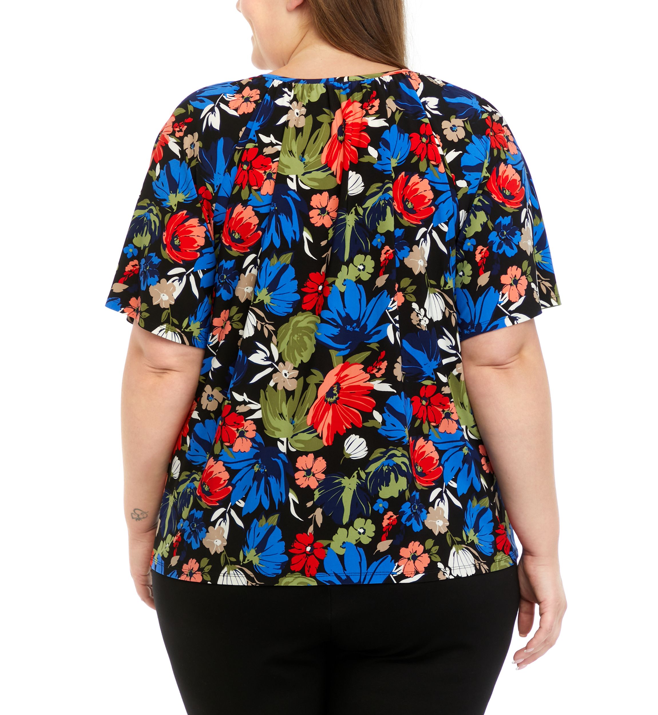 Plus Size Printed Keyhole Peasant Top