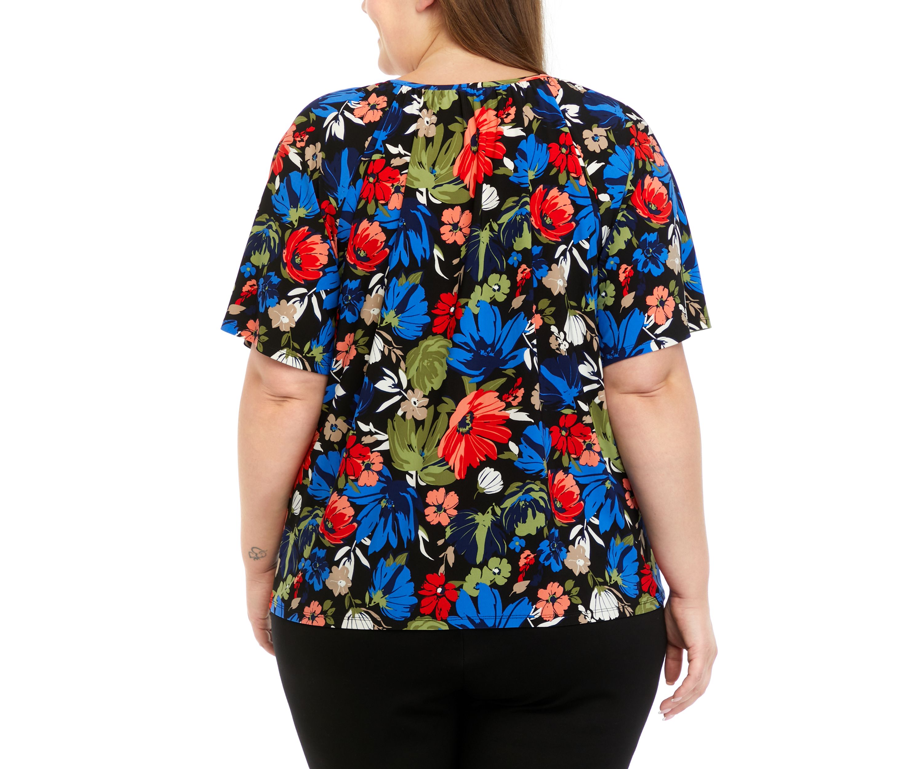 Plus Size Printed Keyhole Peasant Top