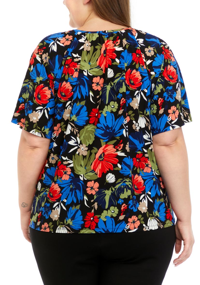 Plus Size Printed Keyhole Peasant Top