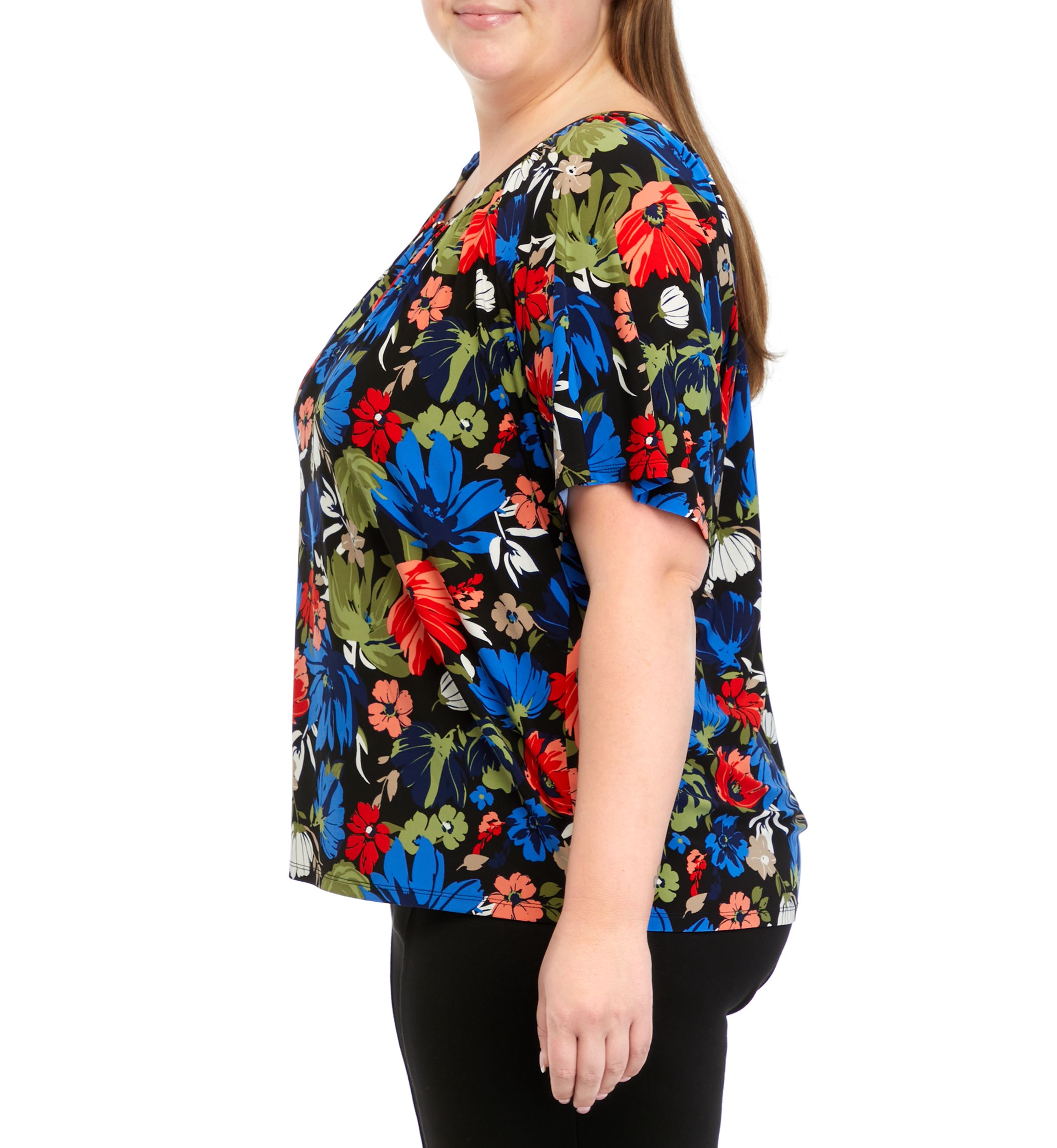 Plus Size Printed Keyhole Peasant Top
