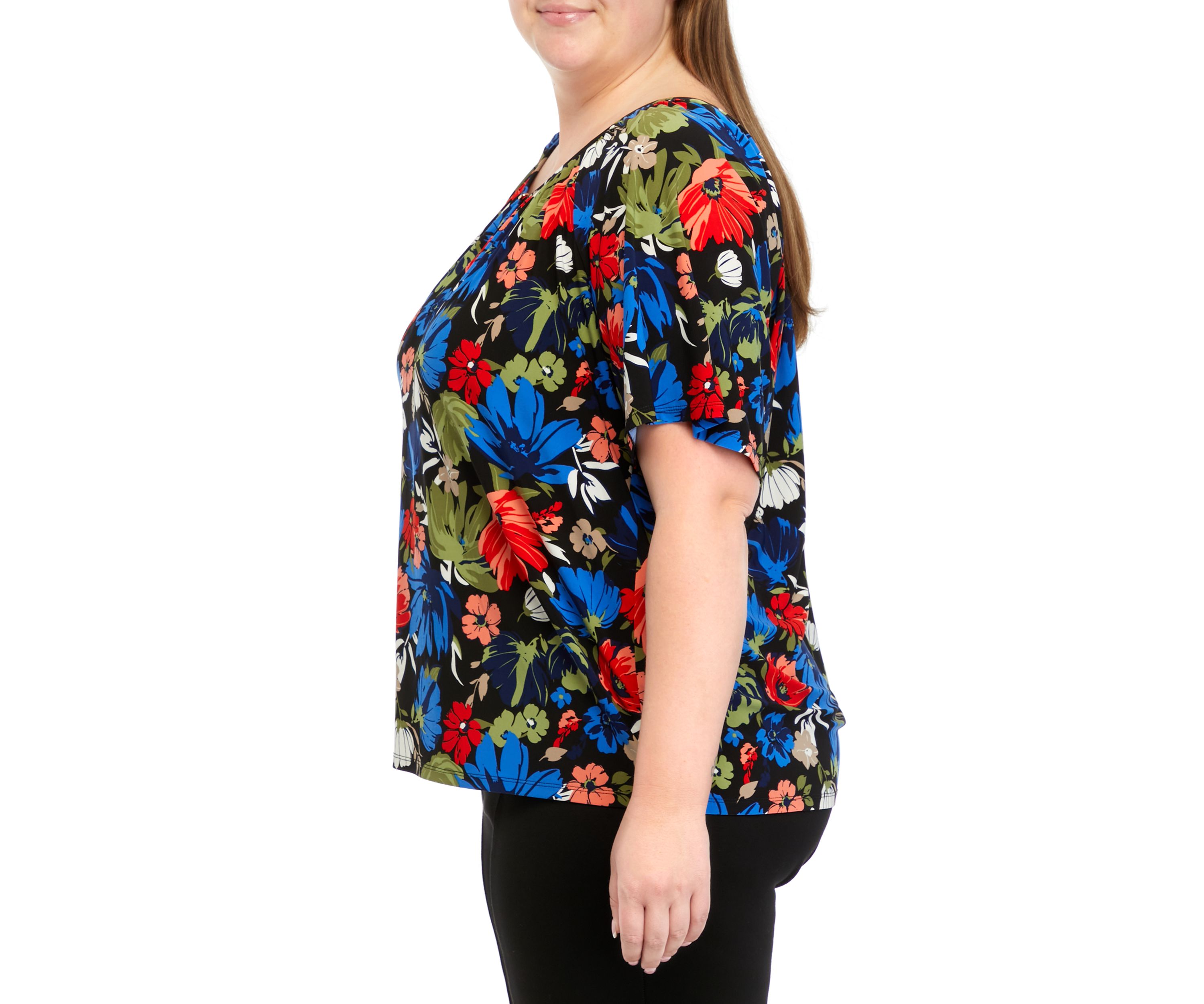 Plus Size Printed Keyhole Peasant Top