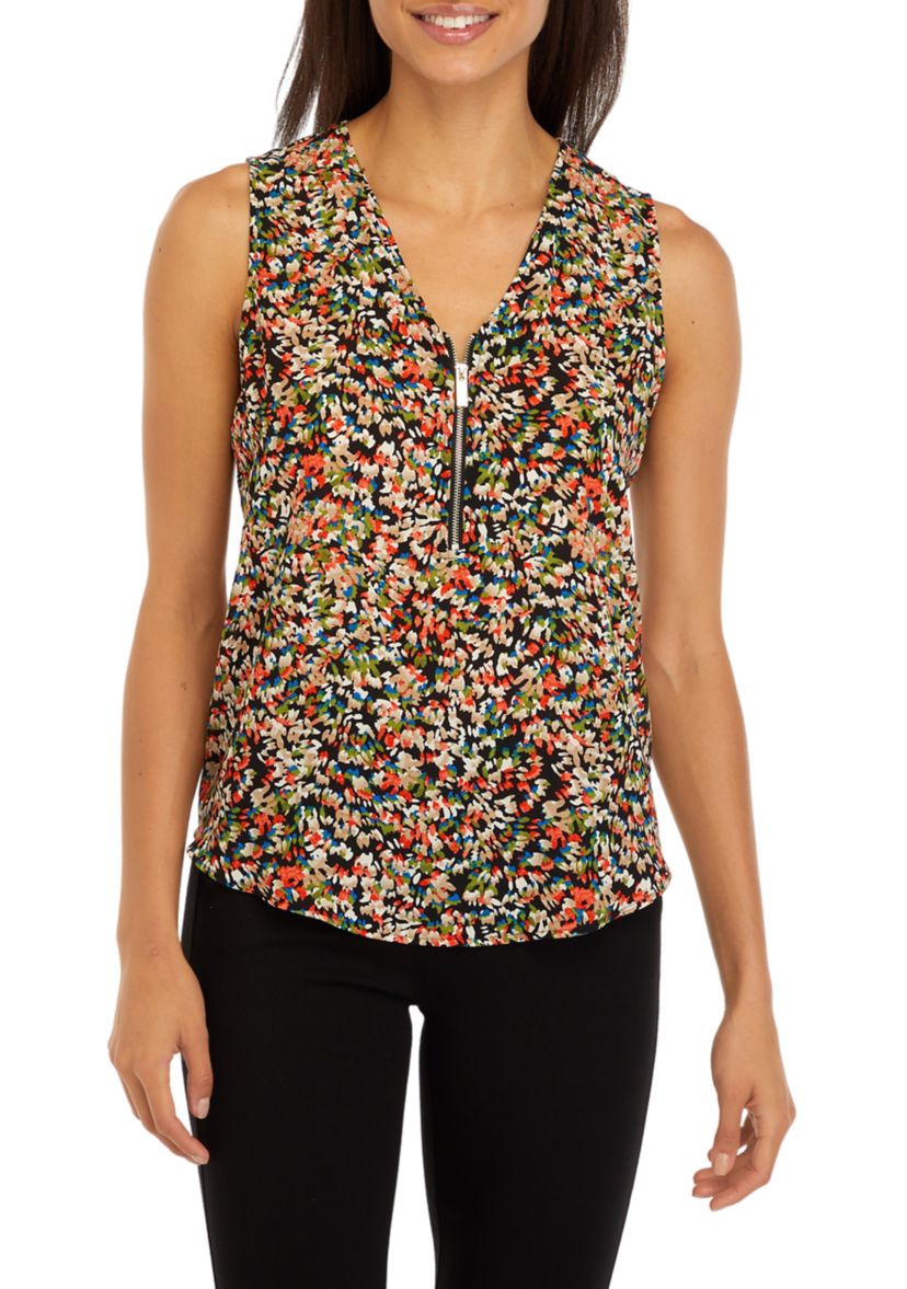 Petite Sleeveless V-Neck Half Zip Blouse