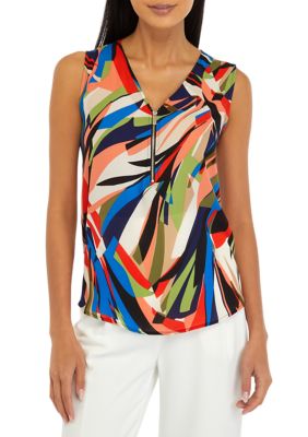 AK Anne Klein Women's Petite Sleeveless V-Neck Half Zip Blouse