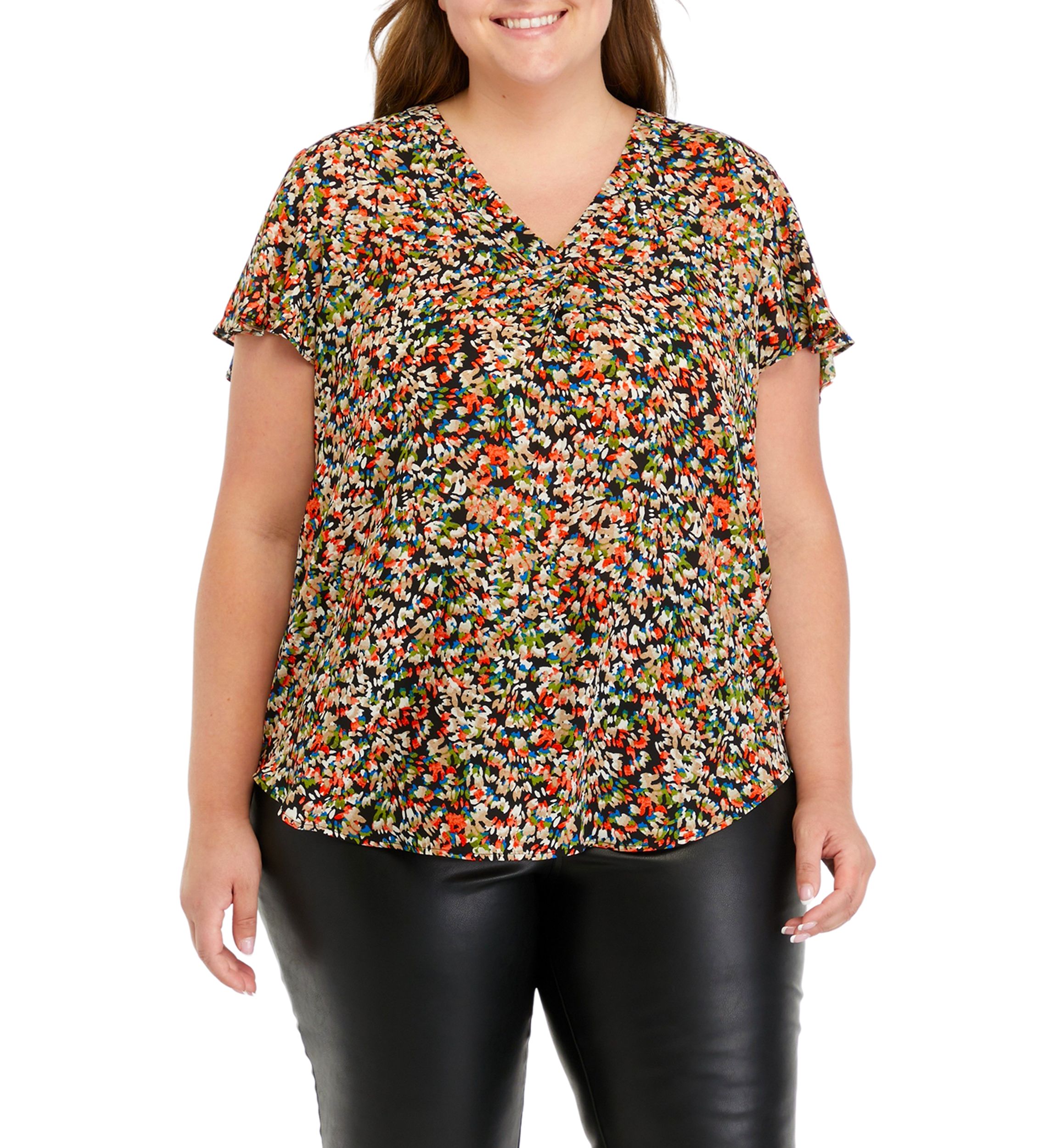 Plus Size V-Neck Pleat Front Tunic with Short Flutter Sleeves 
