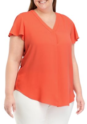 AK Anne Klein Women's Plus Size Pleated Front Flutter Sleeve Top