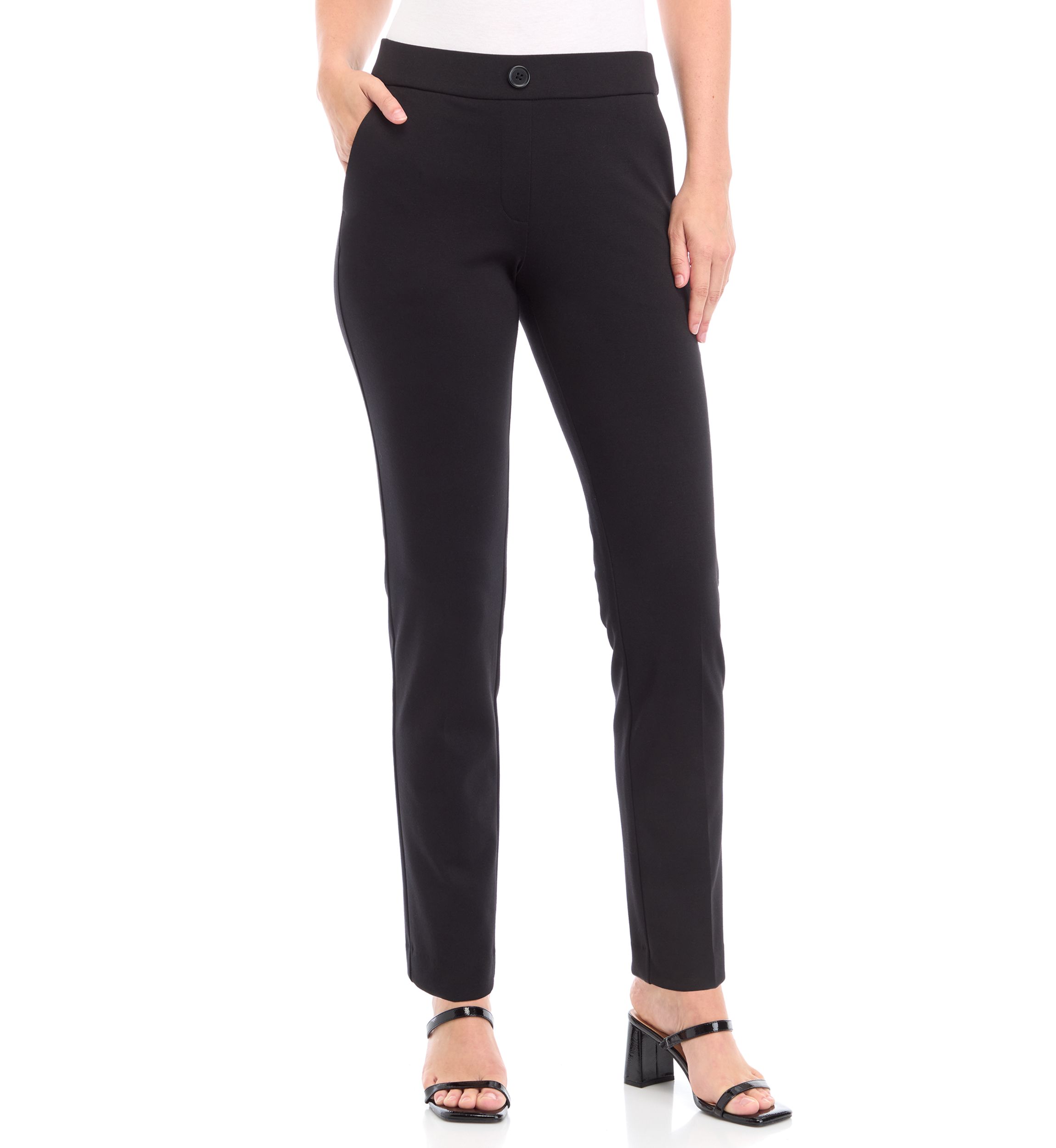 Petite Pull On One Button Faux Fly Straight Leg Pants