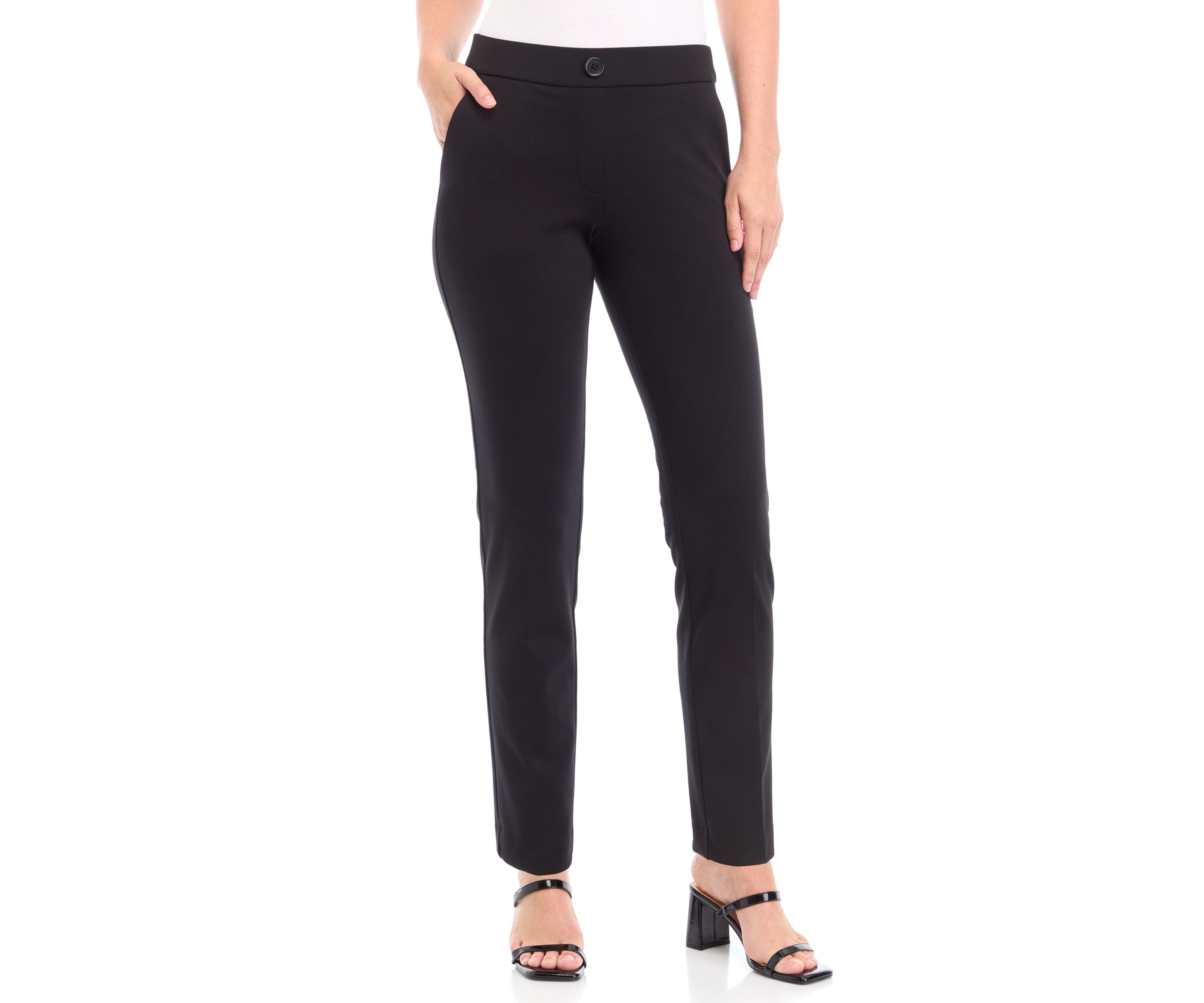 Petite Pull On One Button Faux Fly Straight Leg Pants