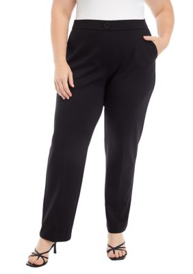 AK Anne Klein Women's Plus Size Pull On One Button Faux Fly Straight Leg Ponte Pants